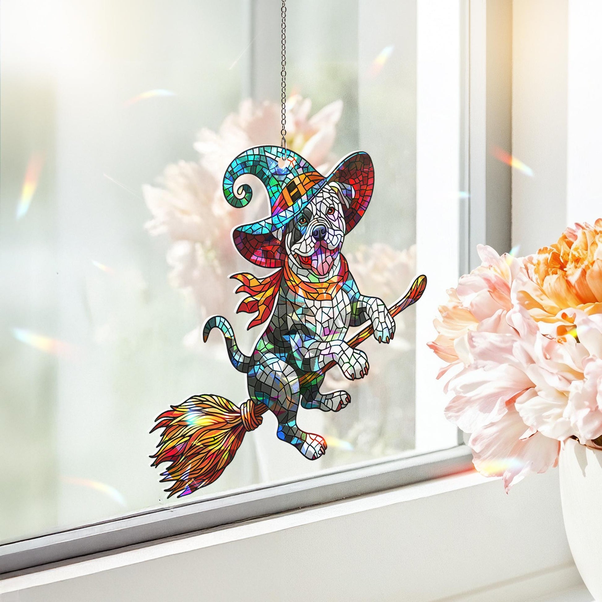 Flying Pitbull Witch Suncatcher, Holographic Acrylic Halloween Window Decor, Magical Dog on Broom, Spooky Cute Pitbull Gift