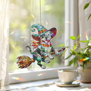 Flying Pitbull Witch Suncatcher, Holographic Acrylic Halloween Window Decor, Magical Dog on Broom, Spooky Cute Pitbull Gift