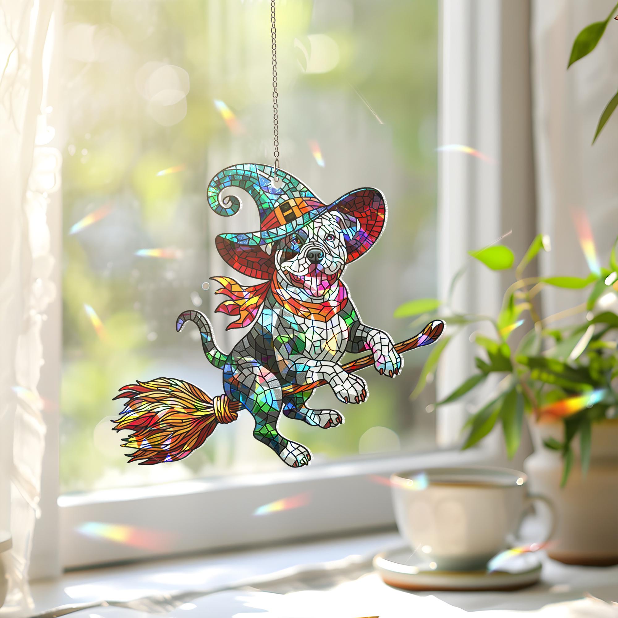 Flying Pitbull Witch Suncatcher, Holographic Acrylic Halloween Window Decor, Magical Dog on Broom, Spooky Cute Pitbull Gift