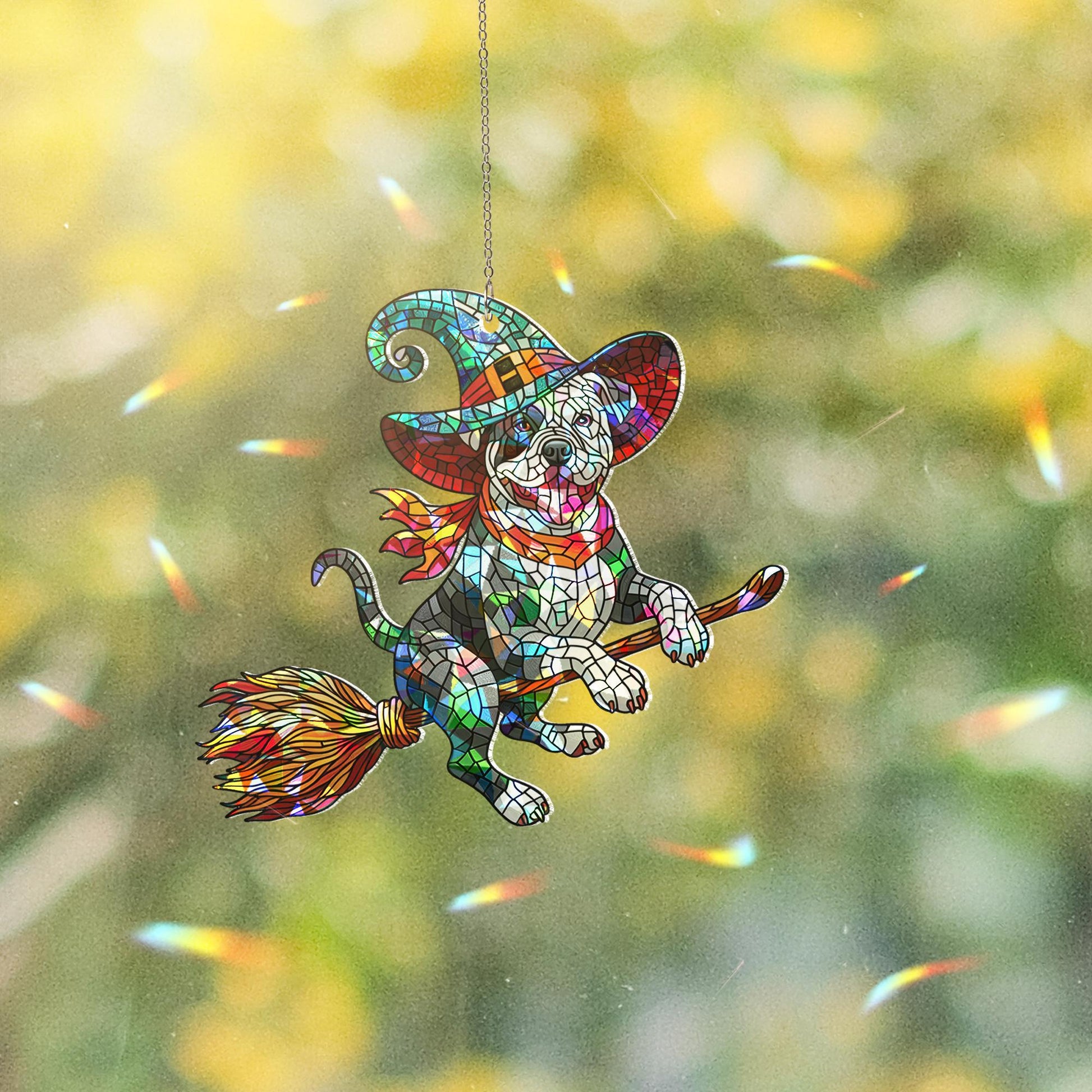 Flying Pitbull Witch Suncatcher, Holographic Acrylic Halloween Window Decor, Magical Dog on Broom, Spooky Cute Pitbull Gift