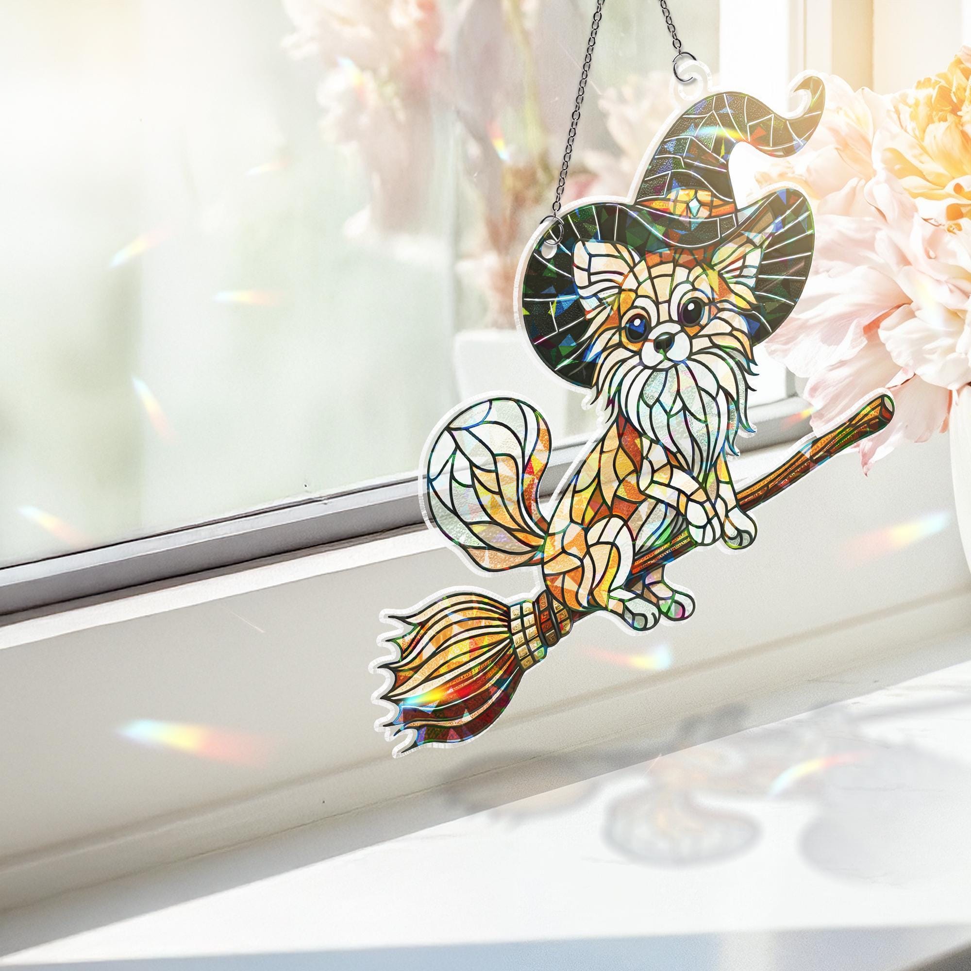 Flying Chihuahua Witch Suncatcher, Holographic Acrylic Halloween Window Decor, Magical Dog on Broom, Spooky Cute Chihuahua Gift