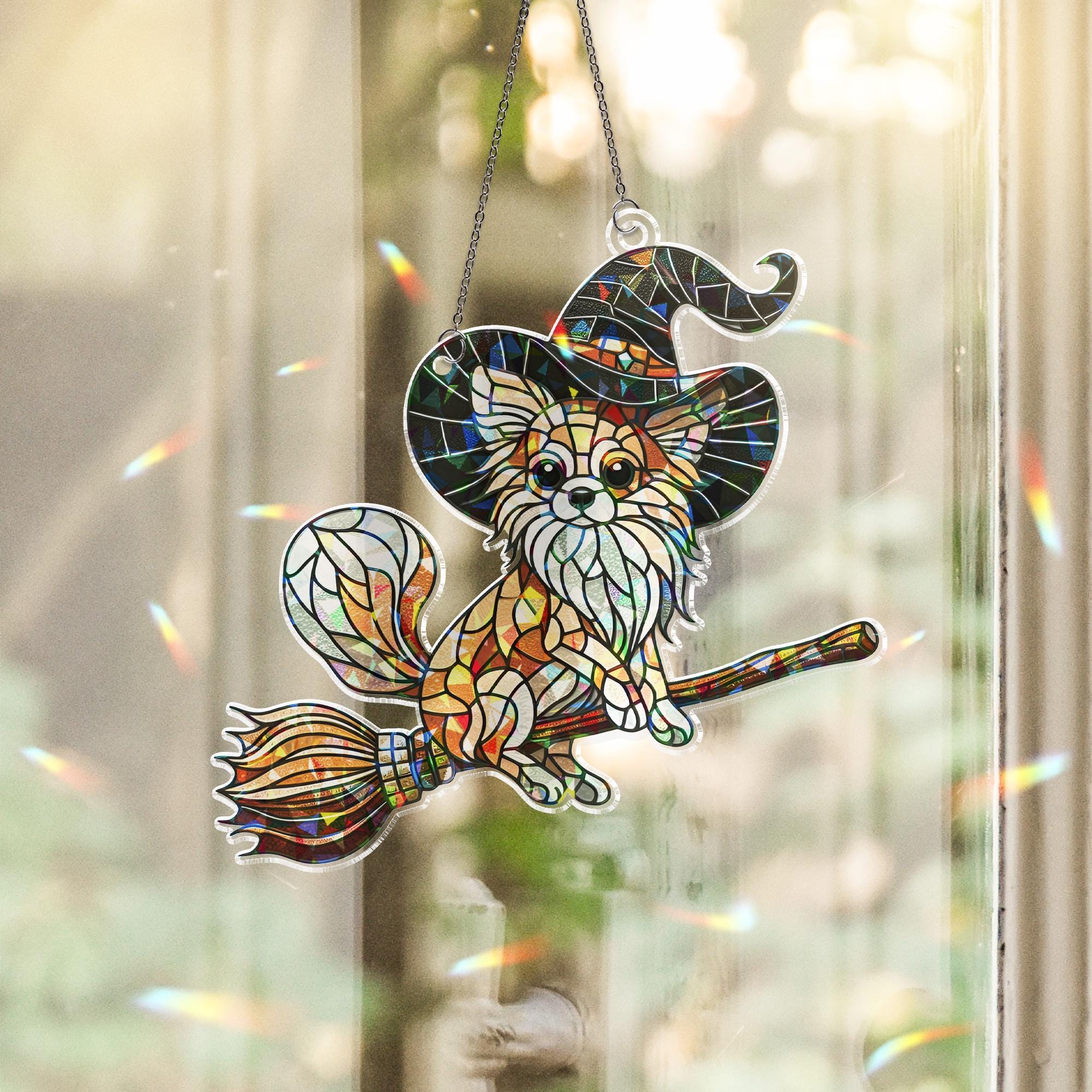 Flying Chihuahua Witch Suncatcher, Holographic Acrylic Halloween Window Decor, Magical Dog on Broom, Spooky Cute Chihuahua Gift