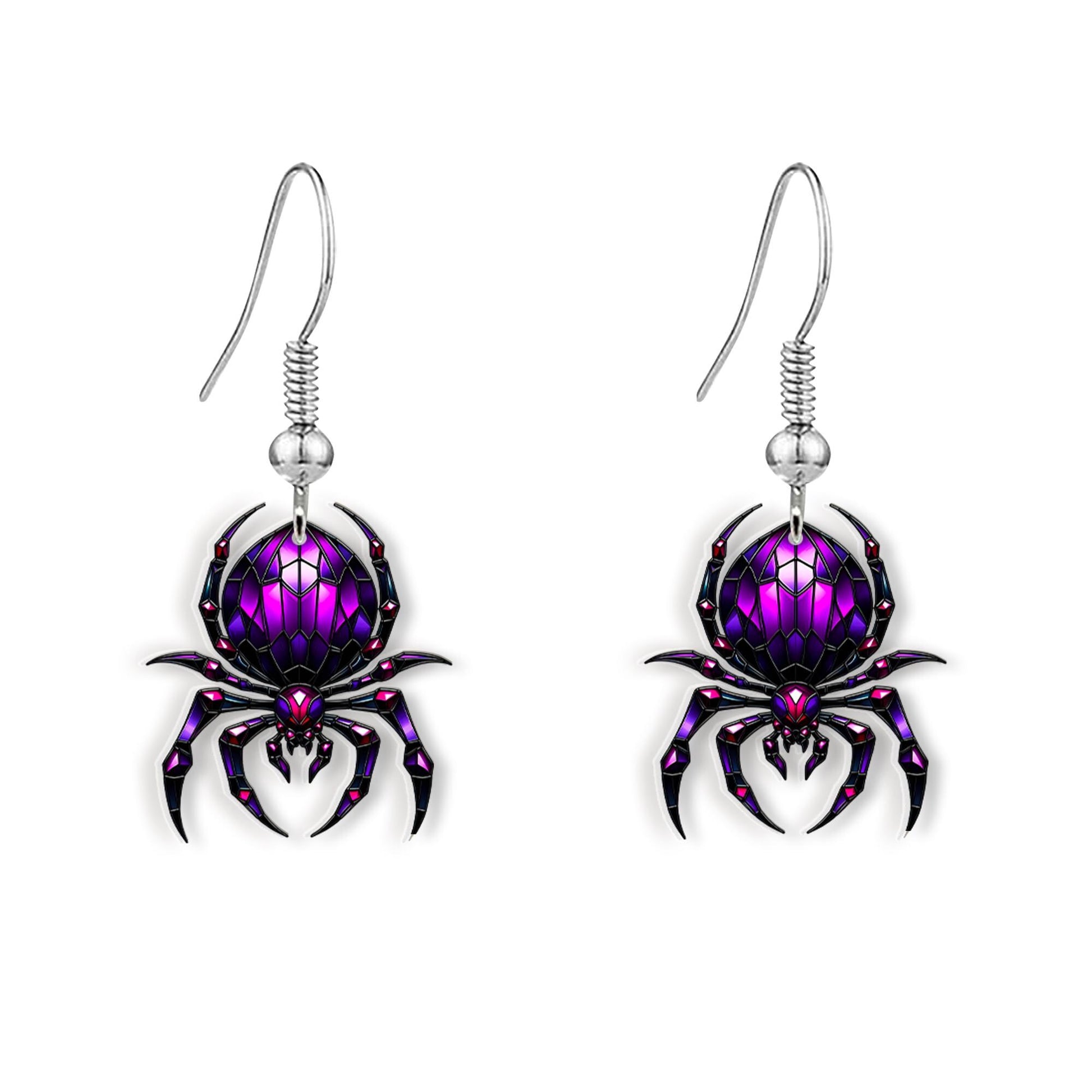 Purple Gem Spider Earrings, Gothic Crystal Spider Dangle, Spooky Witchy Halloween Jewelry, Creepy Cute Goth Statement Gift for Her