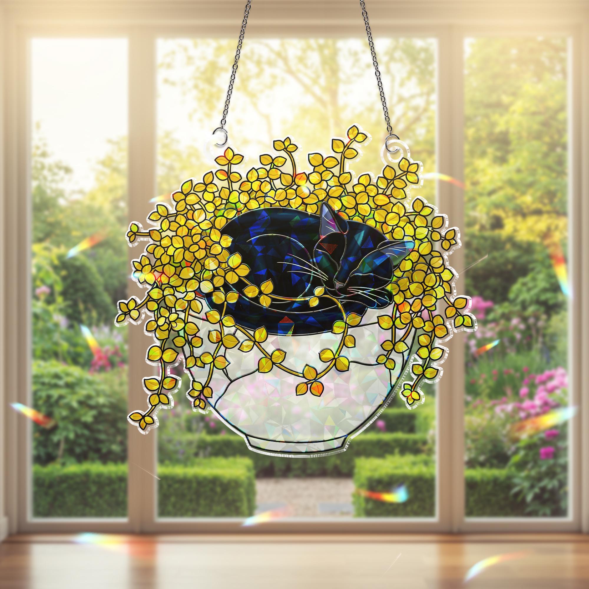 Gold Creeping Jenny Cat Suncatcher, Holographic Autumn Decor, Acrylic Window Hanging with Trailing Vines, Cozy Fall Plant Lover Gift