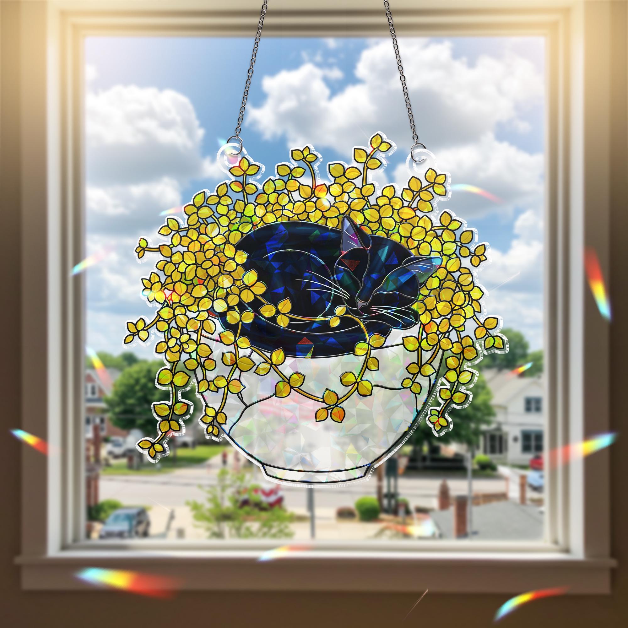 Gold Creeping Jenny Cat Suncatcher, Holographic Autumn Decor, Acrylic Window Hanging with Trailing Vines, Cozy Fall Plant Lover Gift