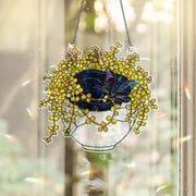 Gold Creeping Jenny Cat Suncatcher, Holographic Autumn Decor, Acrylic Window Hanging with Trailing Vines, Cozy Fall Plant Lover Gift