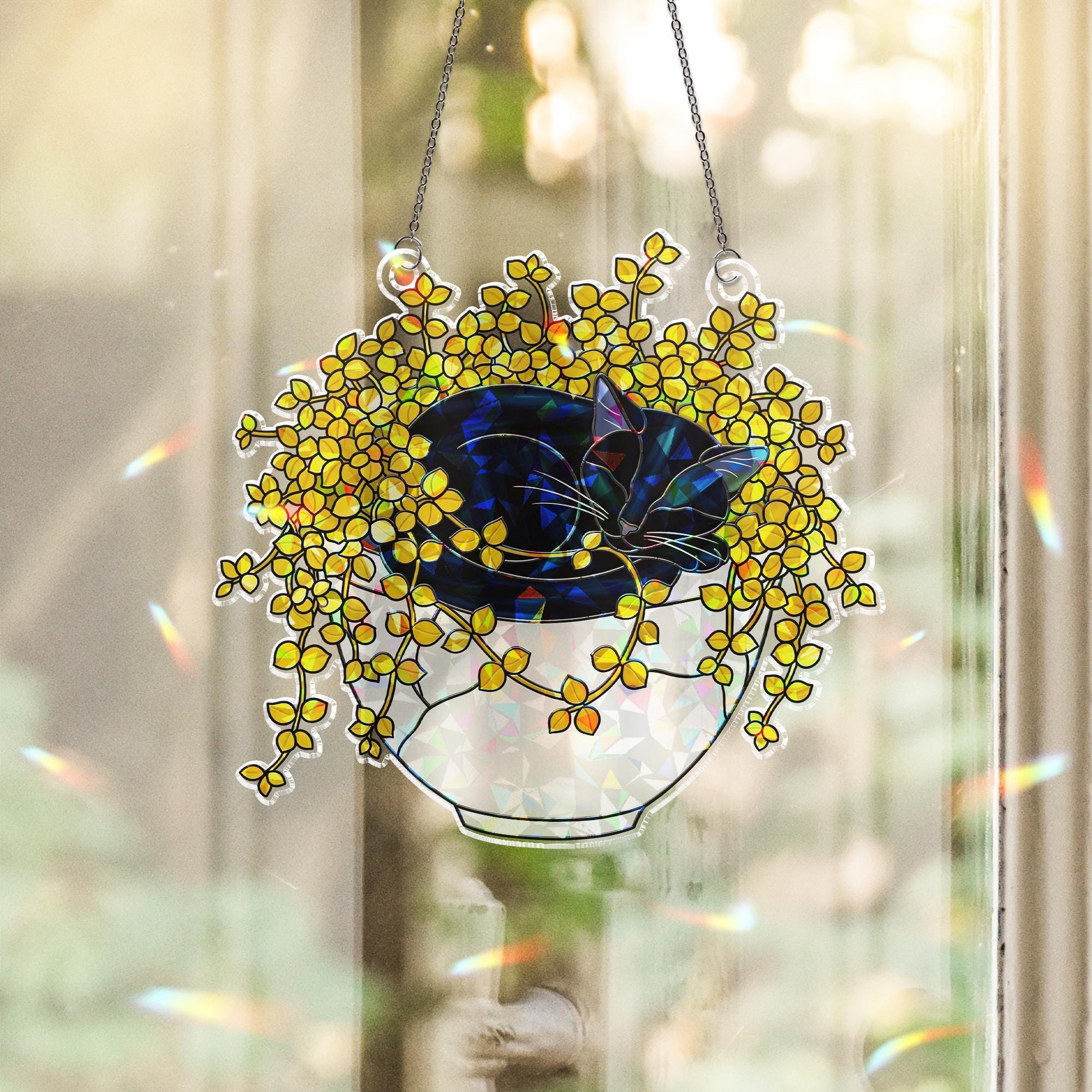 Gold Creeping Jenny Cat Suncatcher, Holographic Autumn Decor, Acrylic Window Hanging with Trailing Vines, Cozy Fall Plant Lover Gift