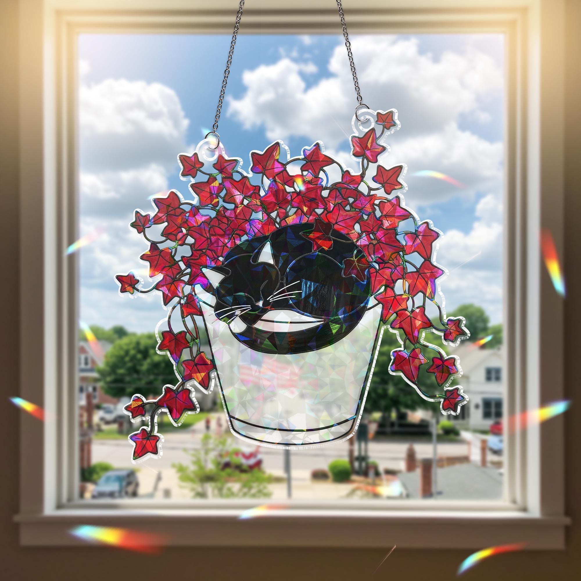 Boston Ivy Cat Suncatcher, Holographic Acrylic Plant Window Decor, Black Cat in Planter Hanging, Cozy Gift for Cat & Plant Lovers