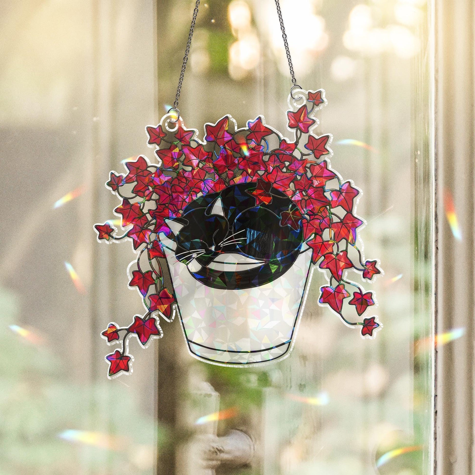 Boston Ivy Cat Suncatcher, Holographic Acrylic Plant Window Decor, Black Cat in Planter Hanging, Cozy Gift for Cat & Plant Lovers