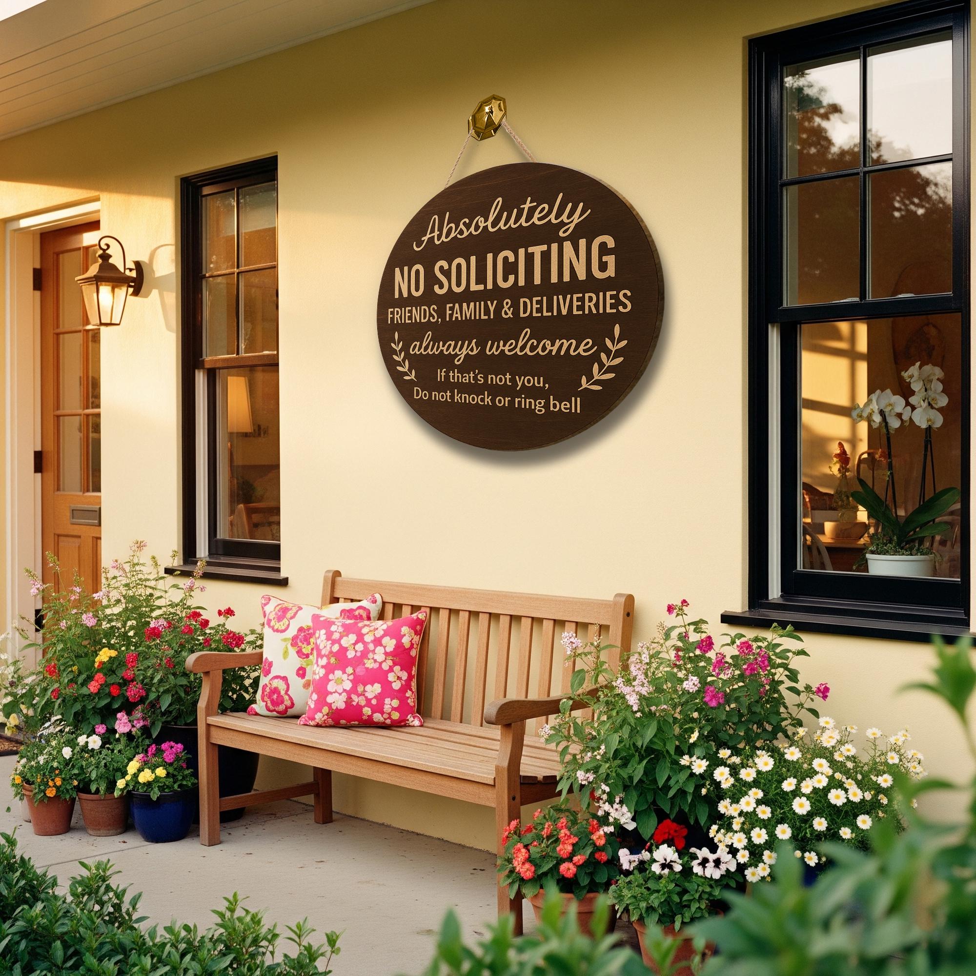 Absolutely No Soliciting Door Sign, Rustic Round Entryway Sign, Friends & Deliveries Welcome, Do Not Knock Wood Front Door Decor