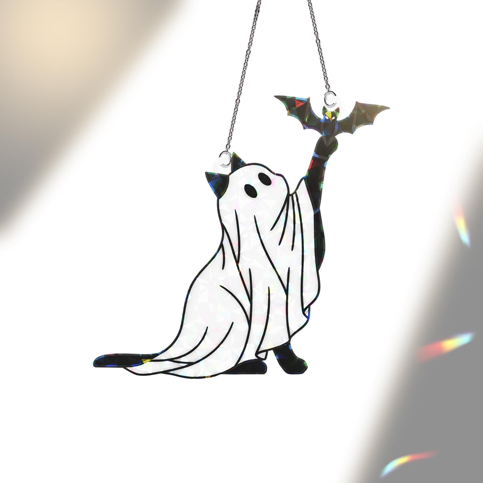 Holographic Ghost Cat ACrylic Suncatcher, Halloween Cat Window Decor, Cute Spooky Kitten Ornament, Bat and Cat Hanging Decoration