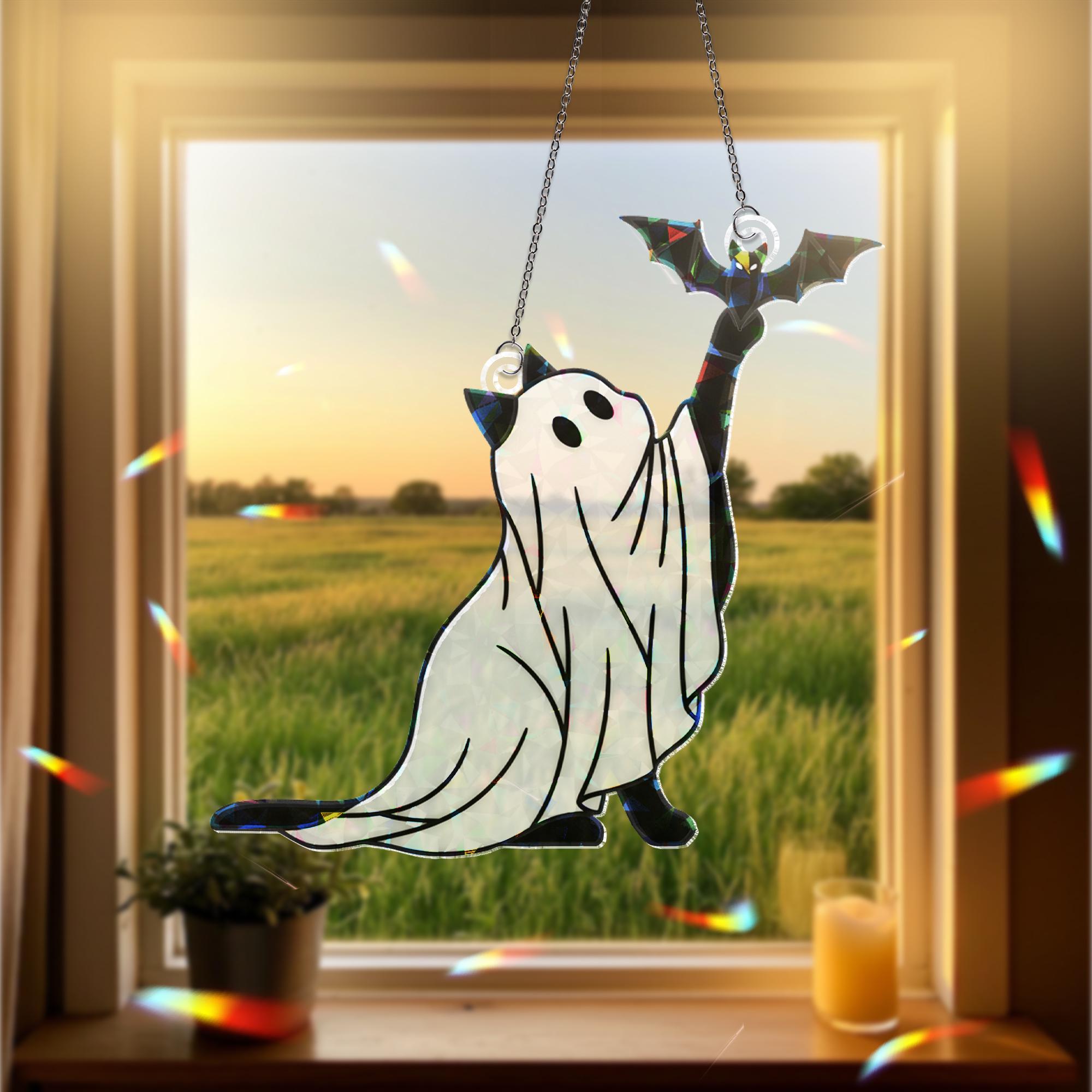 Holographic Ghost Cat ACrylic Suncatcher, Halloween Cat Window Decor, Cute Spooky Kitten Ornament, Bat and Cat Hanging Decoration