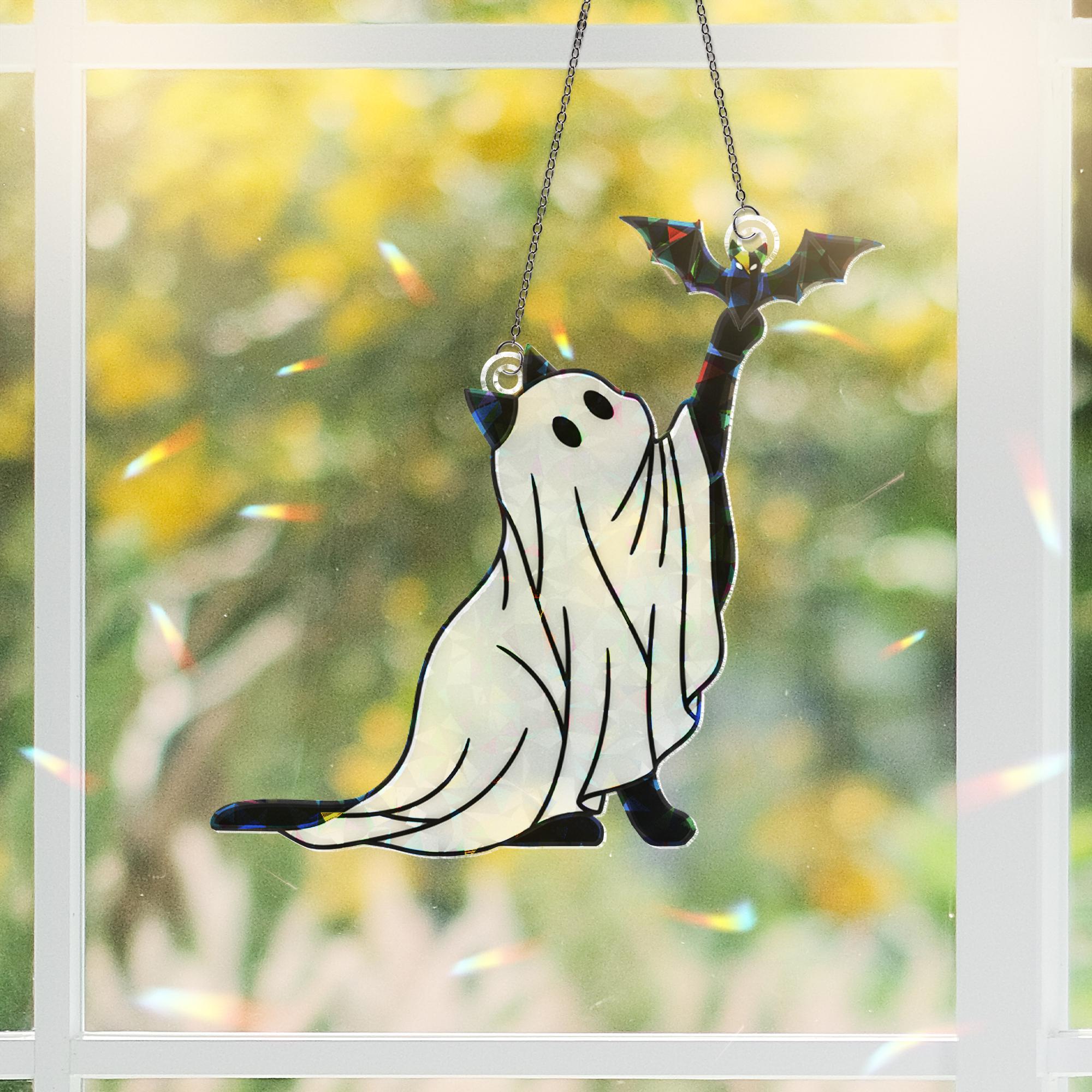 Holographic Ghost Cat ACrylic Suncatcher, Halloween Cat Window Decor, Cute Spooky Kitten Ornament, Bat and Cat Hanging Decoration