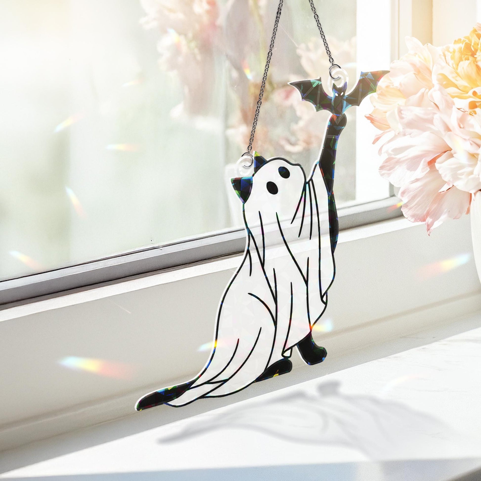 Holographic Ghost Cat ACrylic Suncatcher, Halloween Cat Window Decor, Cute Spooky Kitten Ornament, Bat and Cat Hanging Decoration