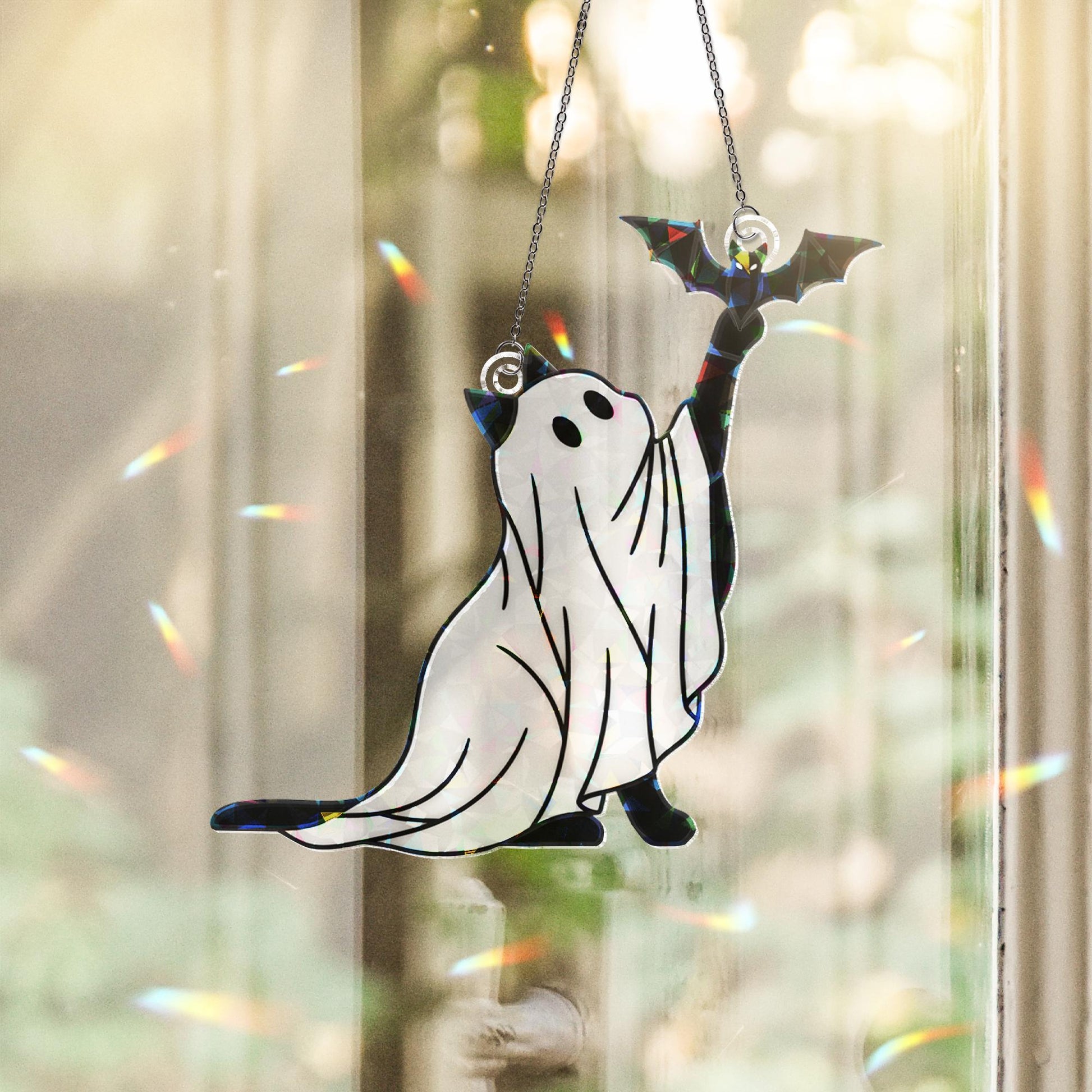 Holographic Ghost Cat ACrylic Suncatcher, Halloween Cat Window Decor, Cute Spooky Kitten Ornament, Bat and Cat Hanging Decoration