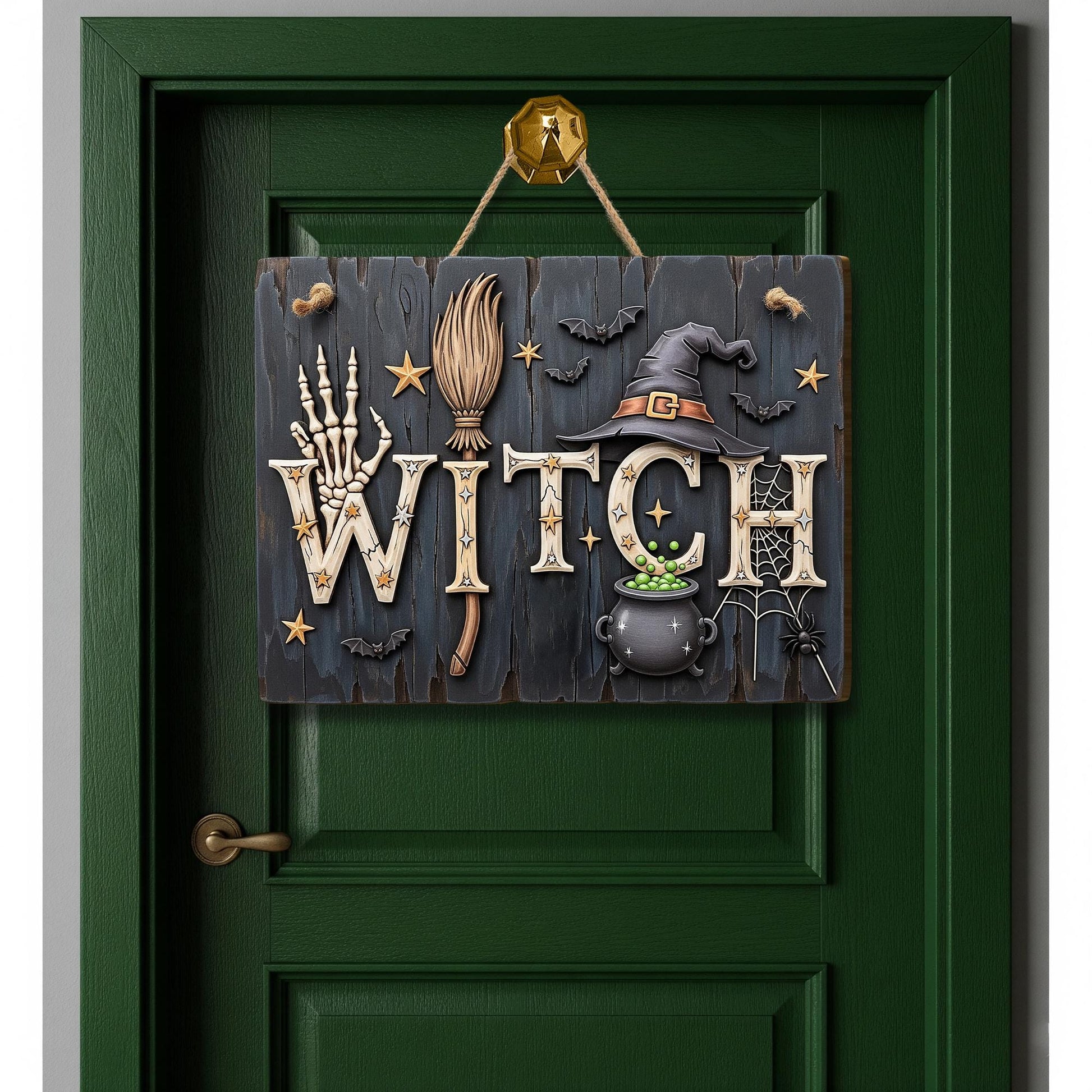 WITCH Halloween Wooden Sign – Rustic Witch Decor for Door or Wall – Spooky Cauldron and Broom Fall Sign