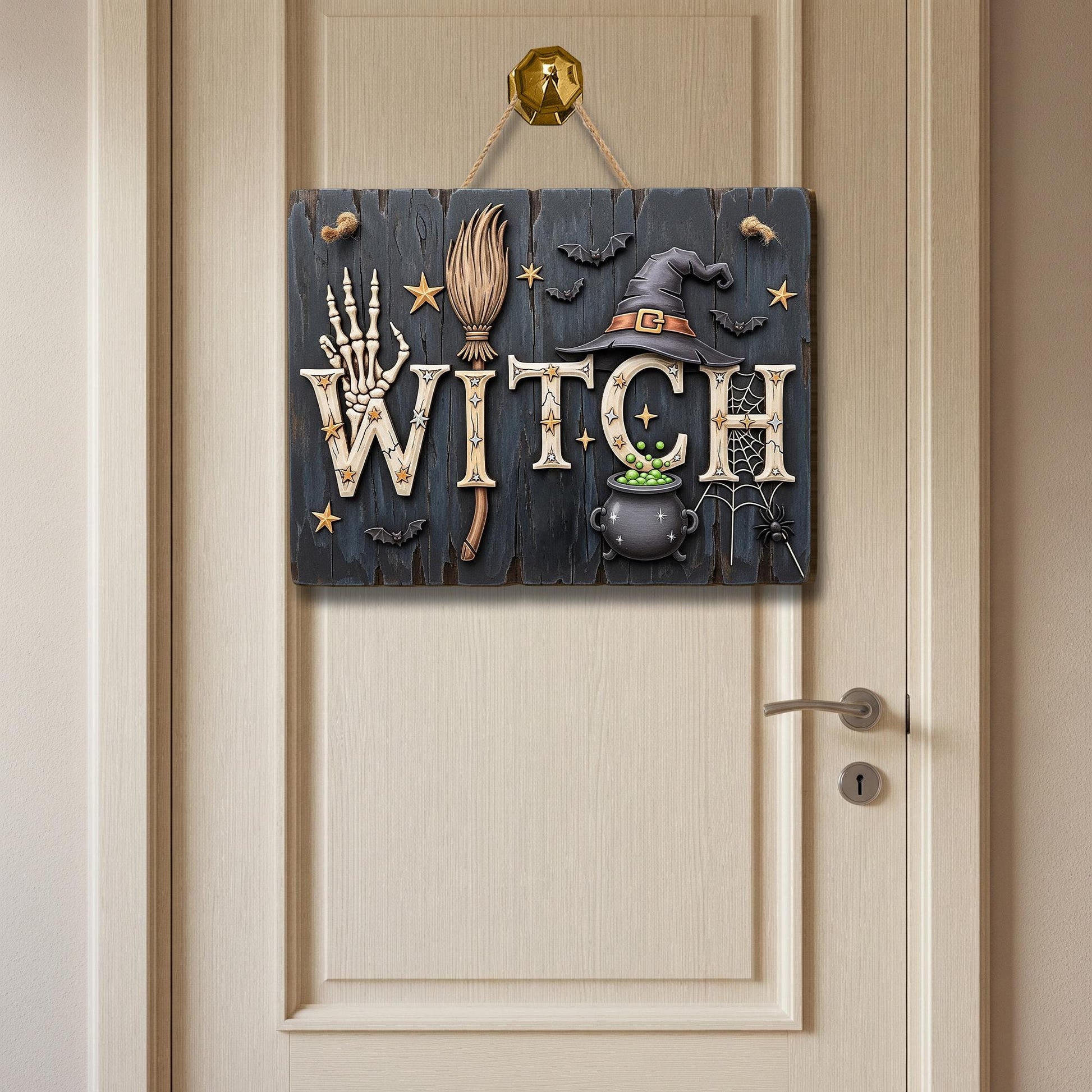 WITCH Halloween Wooden Sign – Rustic Witch Decor for Door or Wall – Spooky Cauldron and Broom Fall Sign