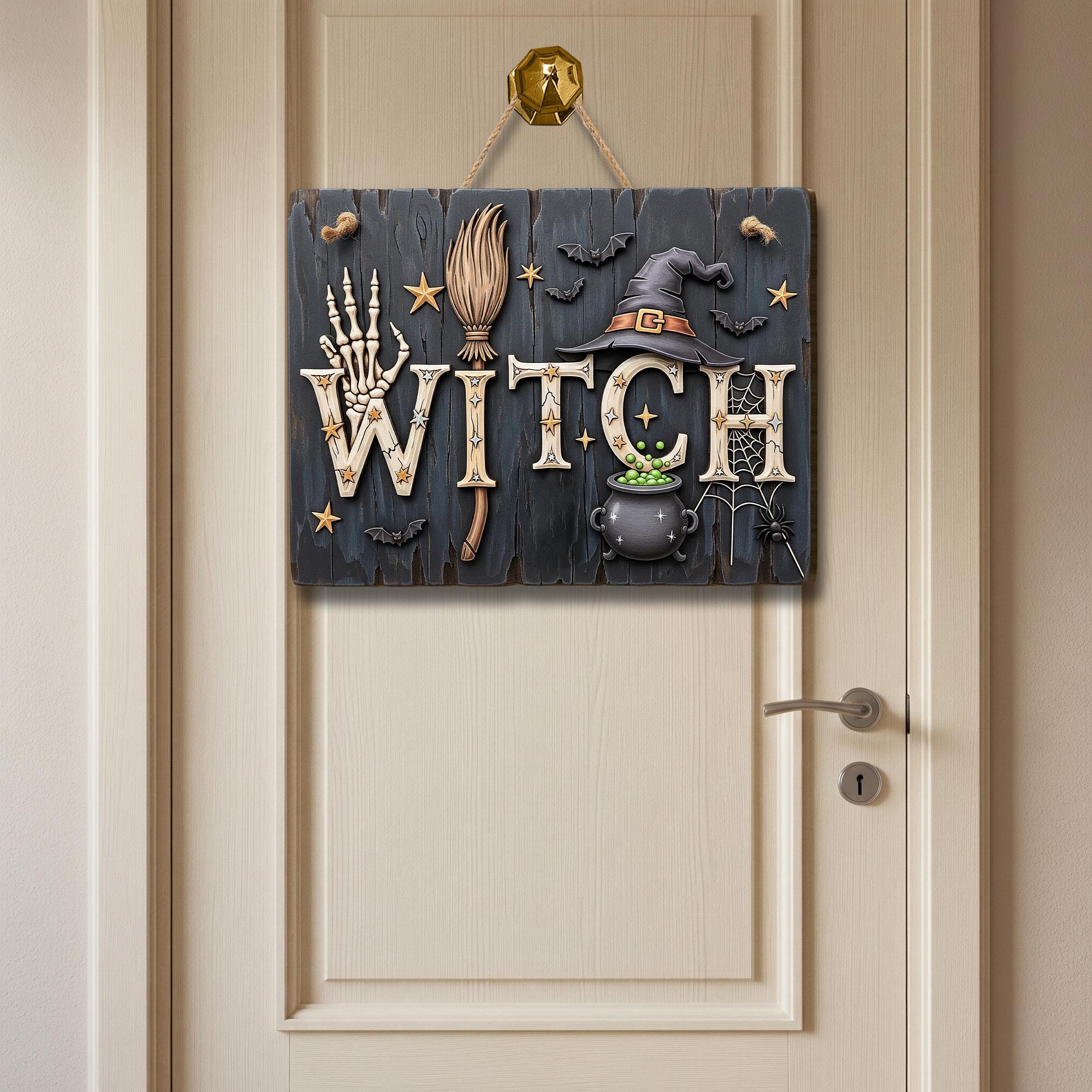 WITCH Halloween Wooden Sign – Rustic Witch Decor for Door or Wall – Spooky Cauldron and Broom Fall Sign
