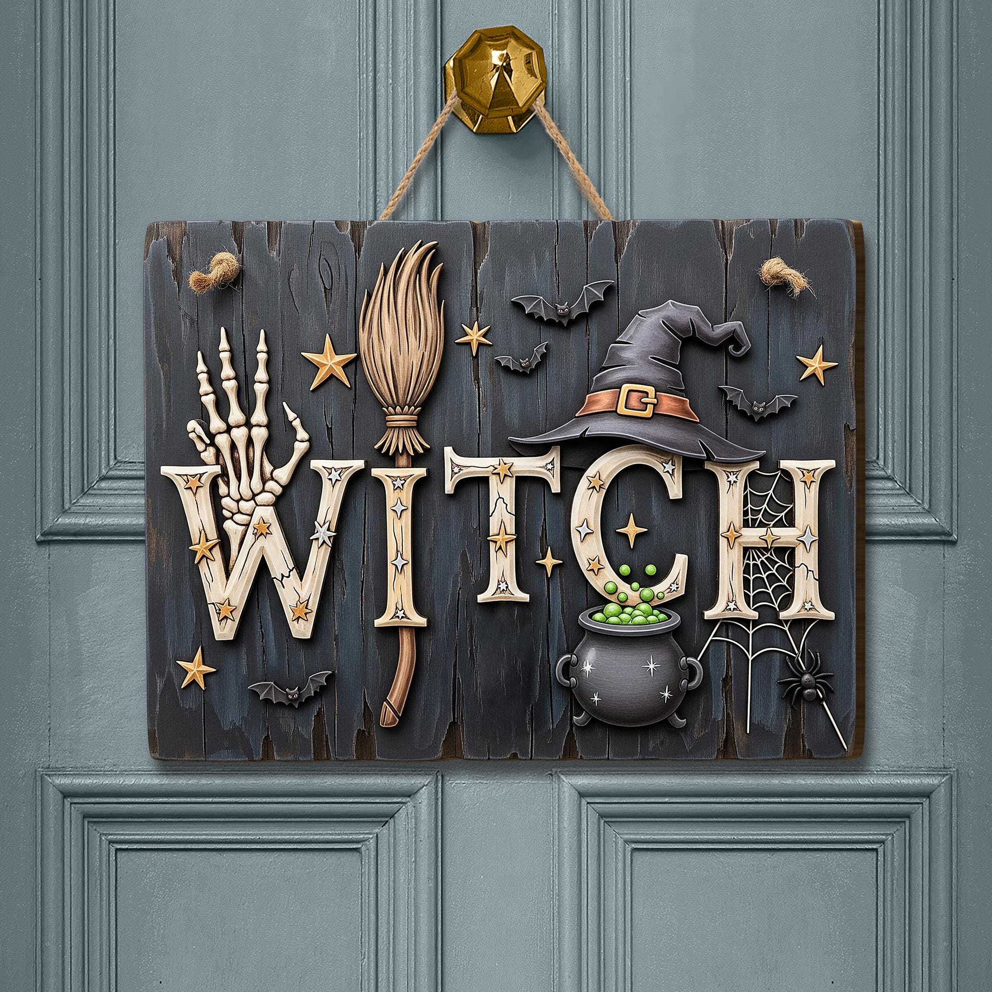 WITCH Halloween Wooden Sign – Rustic Witch Decor for Door or Wall – Spooky Cauldron and Broom Fall Sign