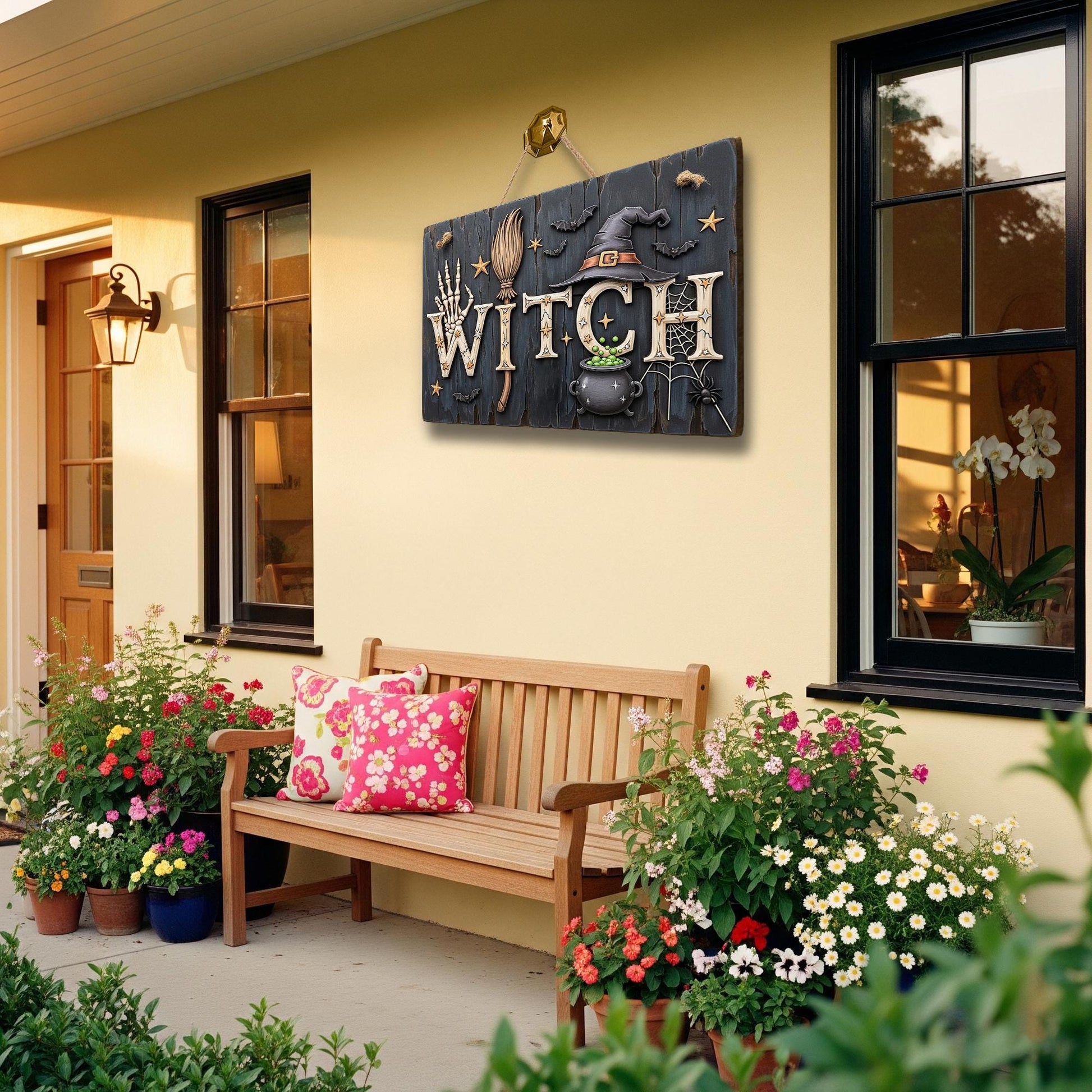 WITCH Halloween Wooden Sign – Rustic Witch Decor for Door or Wall – Spooky Cauldron and Broom Fall Sign