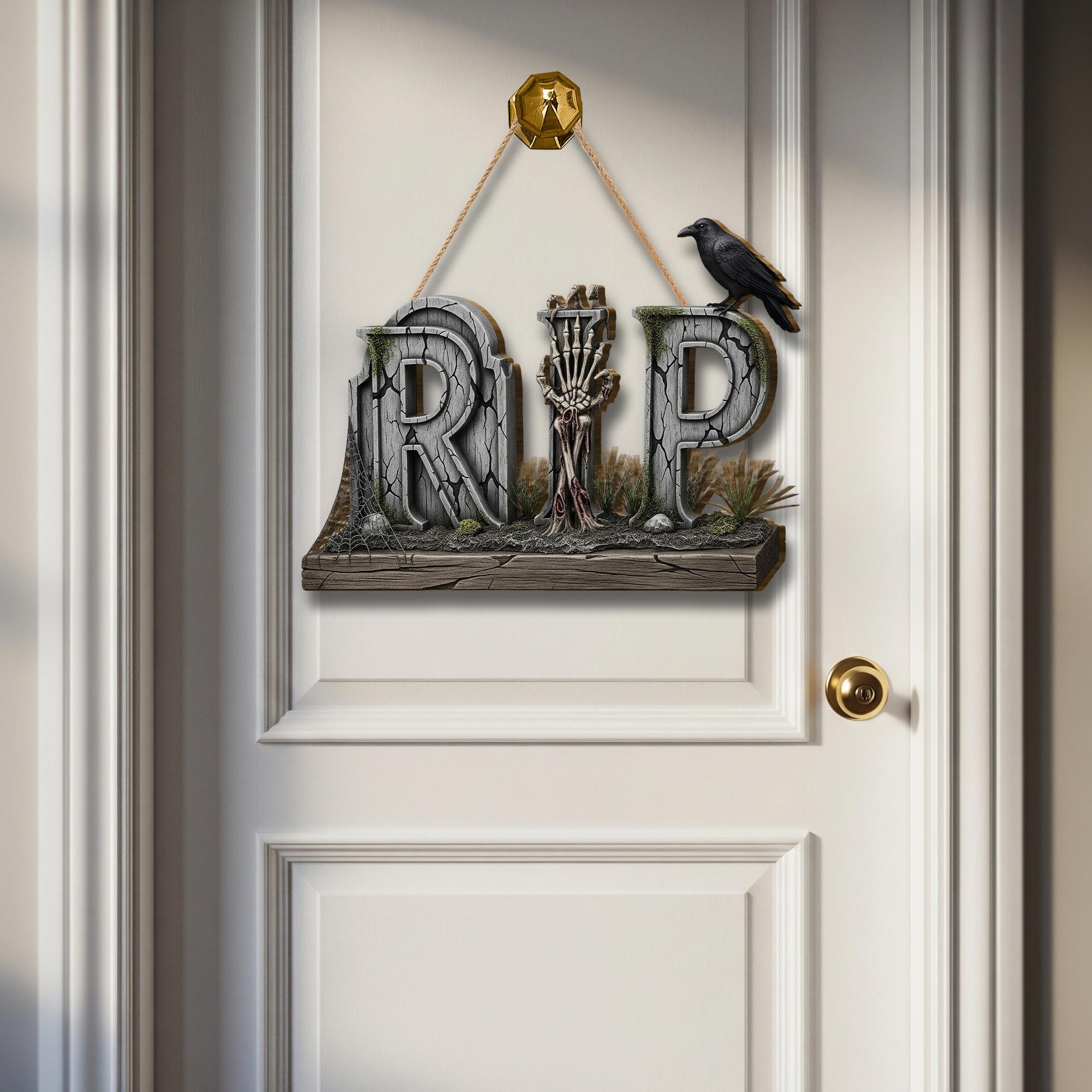 RIP Halloween Door Sign – Gothic Skeleton Hand Raven Wall Decor – Spooky Graveyard Wooden Sign