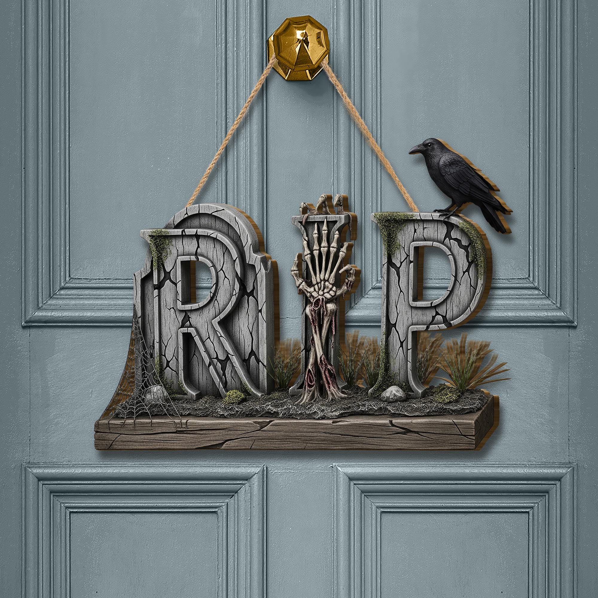 RIP Halloween Door Sign – Gothic Skeleton Hand Raven Wall Decor – Spooky Graveyard Wooden Sign