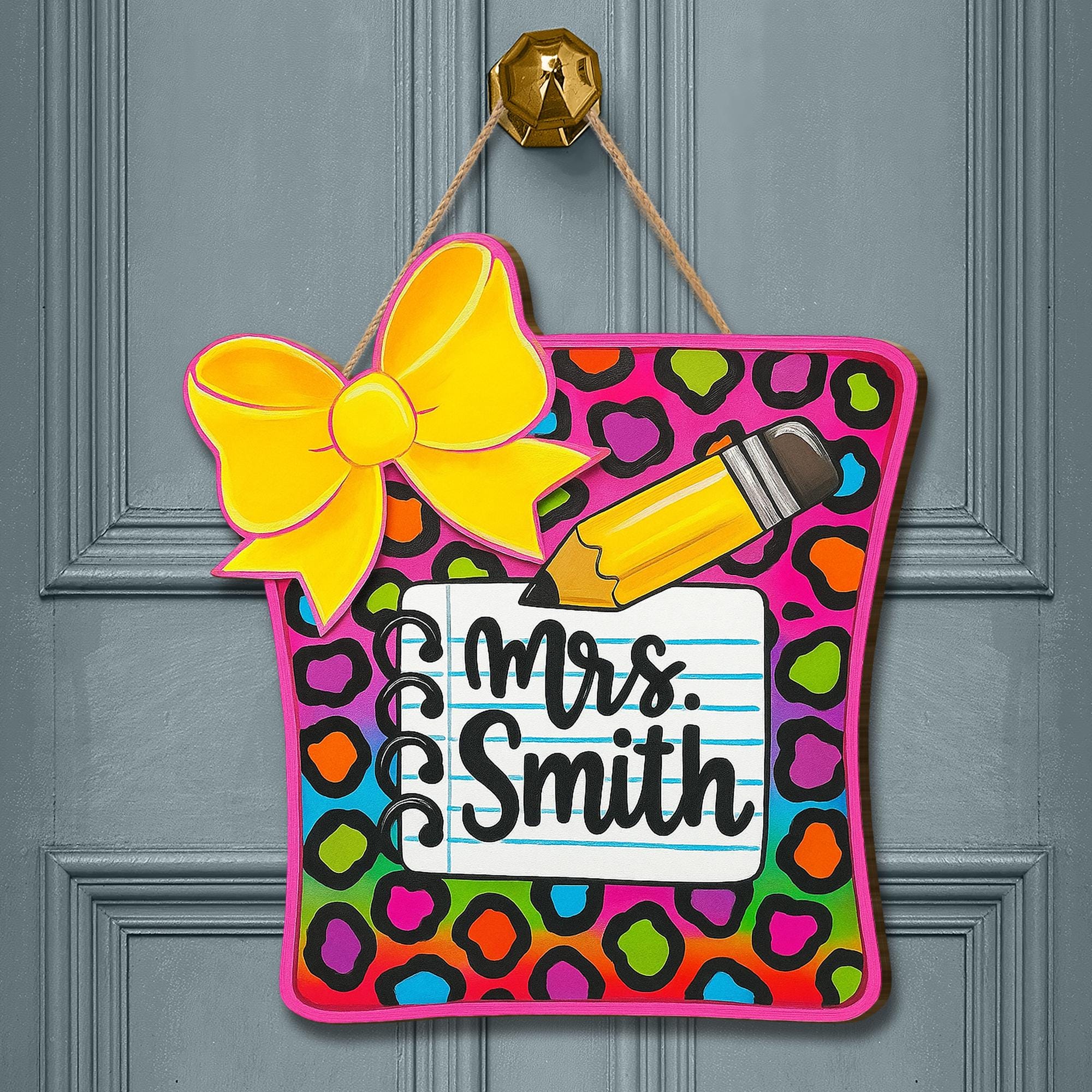 Personalized Teacher Door Hanger, Teacher Door Sign with Pencil, Bow & Leopard Print, Classroom Decor for Back to School, School Sign Hanger
