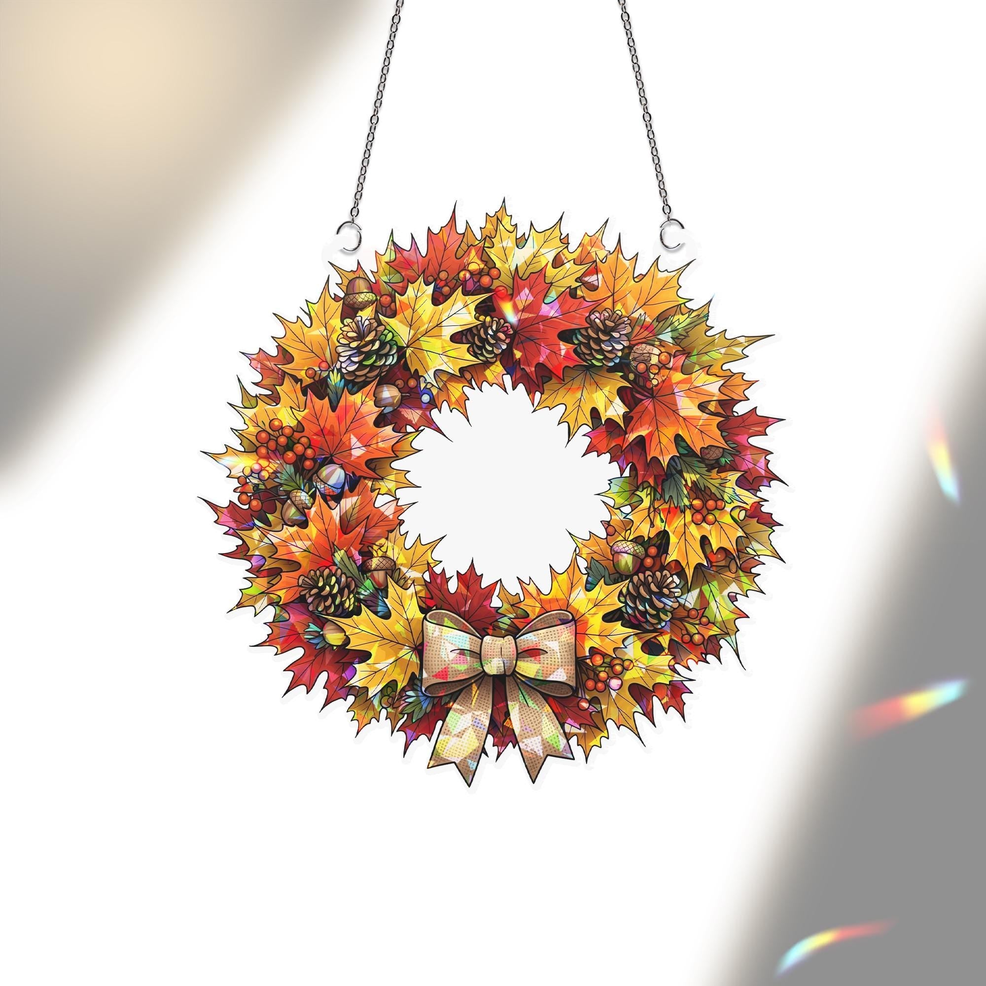 Fall Maple Leaf Wreath – Autumn Window Hanging with Bow – Pinecone Acorn Door Decor