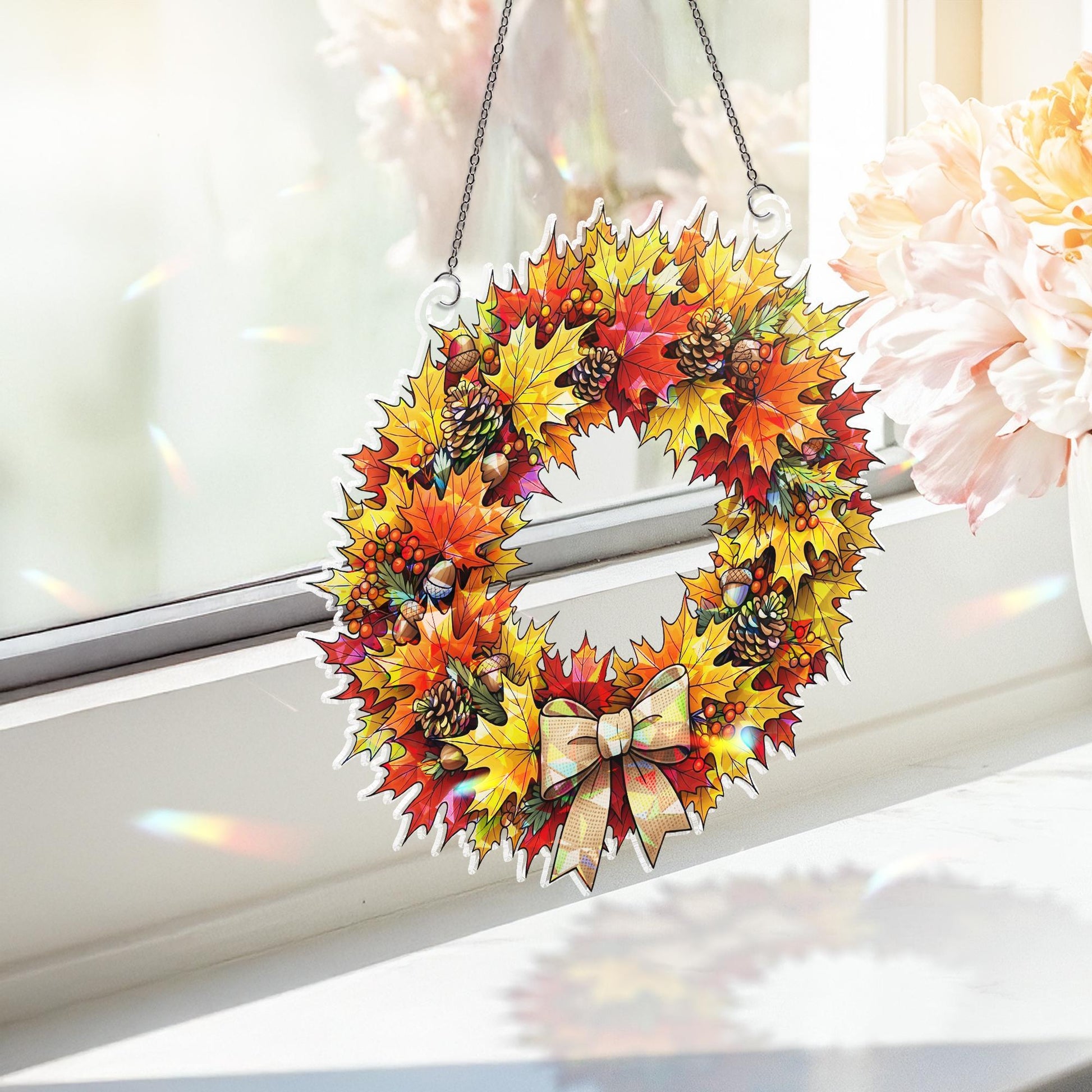 Fall Maple Leaf Wreath – Autumn Window Hanging with Bow – Pinecone Acorn Door Decor