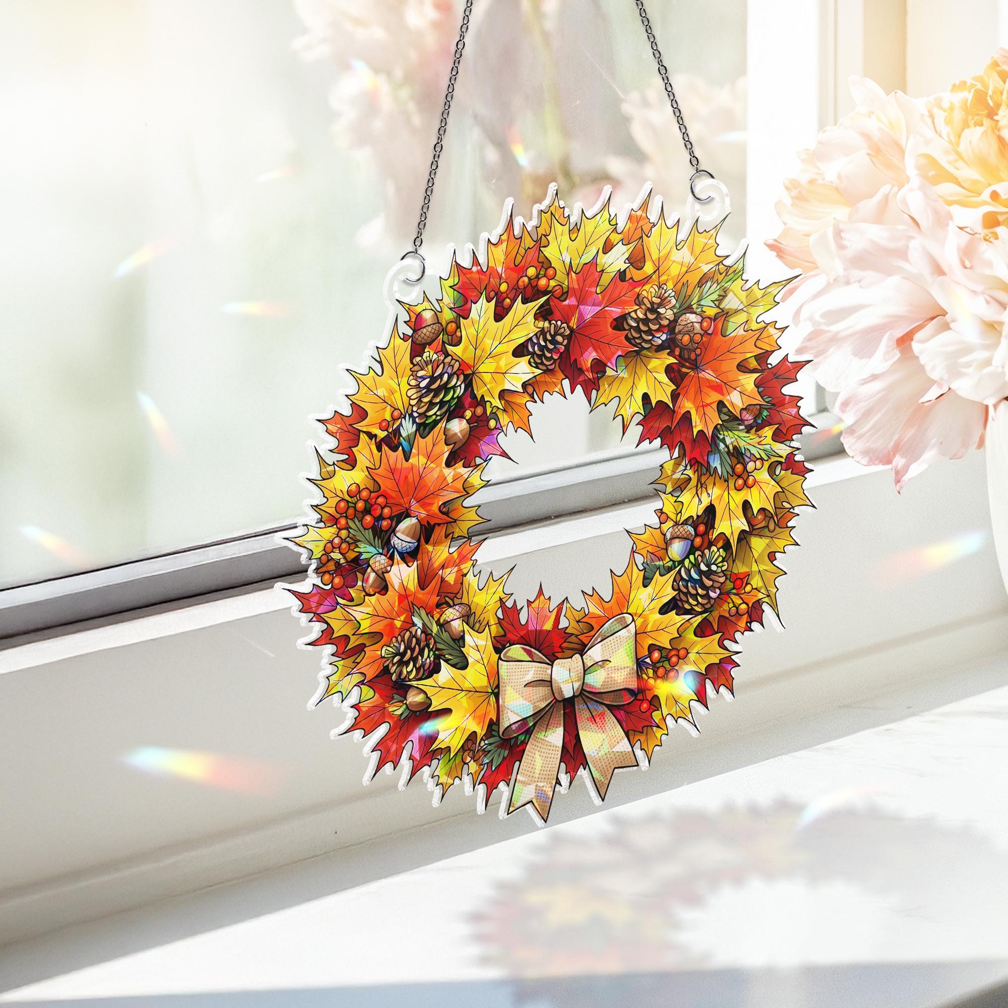 Fall Maple Leaf Wreath – Autumn Window Hanging with Bow – Pinecone Acorn Door Decor