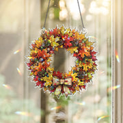 Fall Maple Leaf Wreath – Autumn Window Hanging with Bow – Pinecone Acorn Door Decor