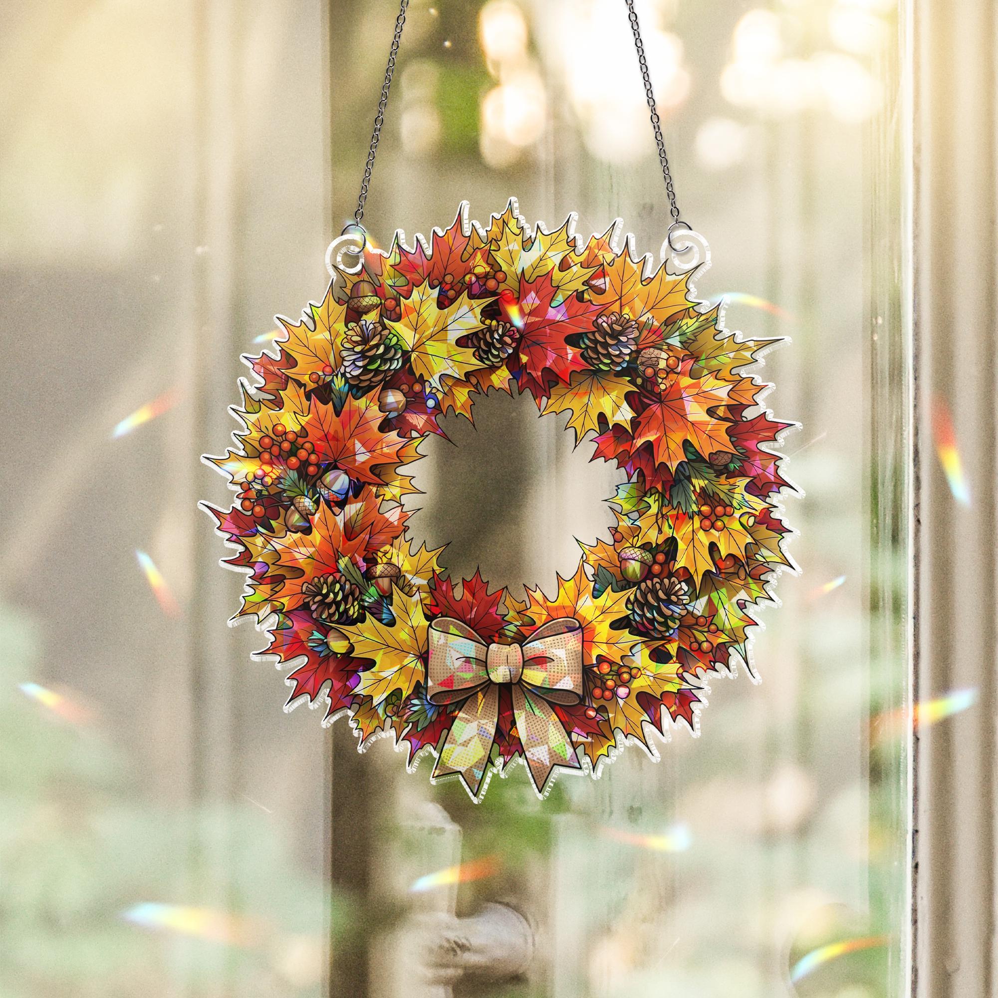 Fall Maple Leaf Wreath – Autumn Window Hanging with Bow – Pinecone Acorn Door Decor
