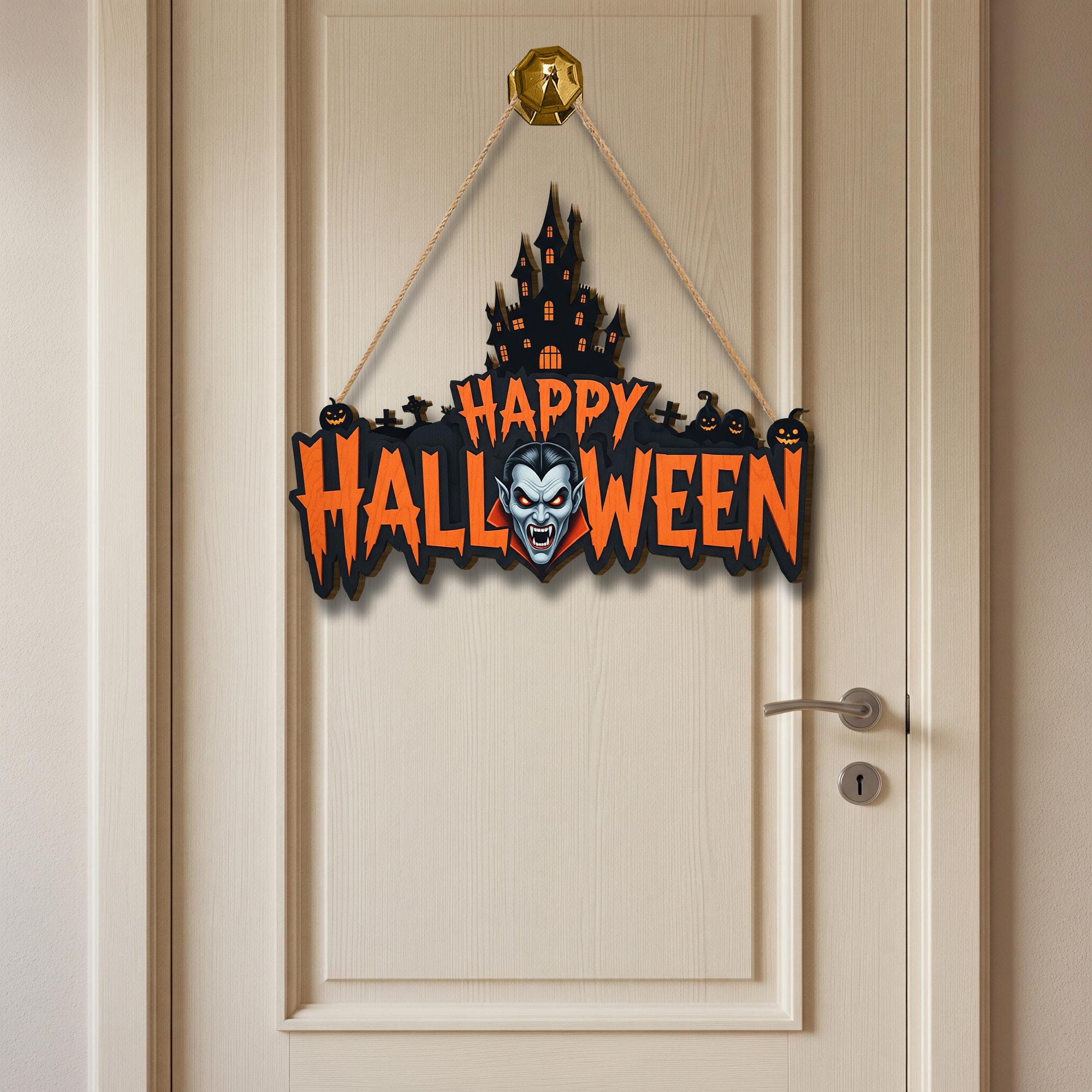 Vampire Halloween Door Sign – Scary Happy Halloween Wall Decor with Haunted Castle