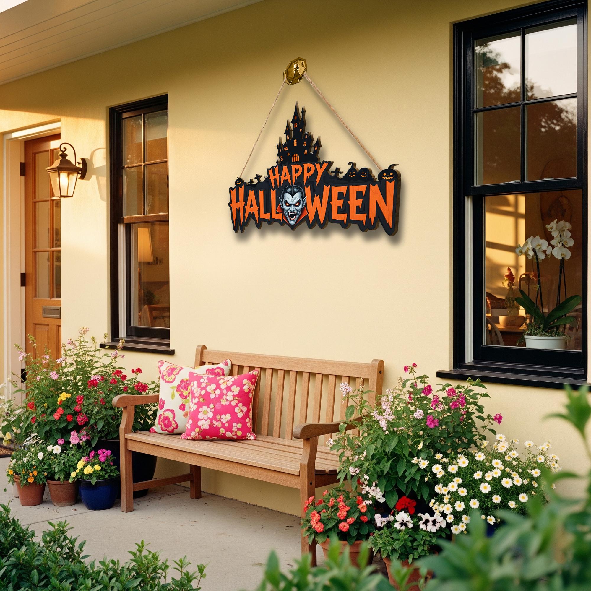 Vampire Halloween Door Sign – Scary Happy Halloween Wall Decor with Haunted Castle