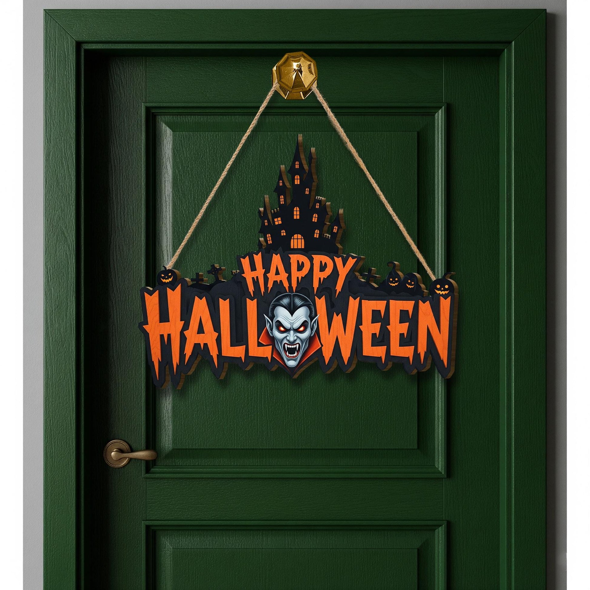 Vampire Halloween Door Sign – Scary Happy Halloween Wall Decor with Haunted Castle