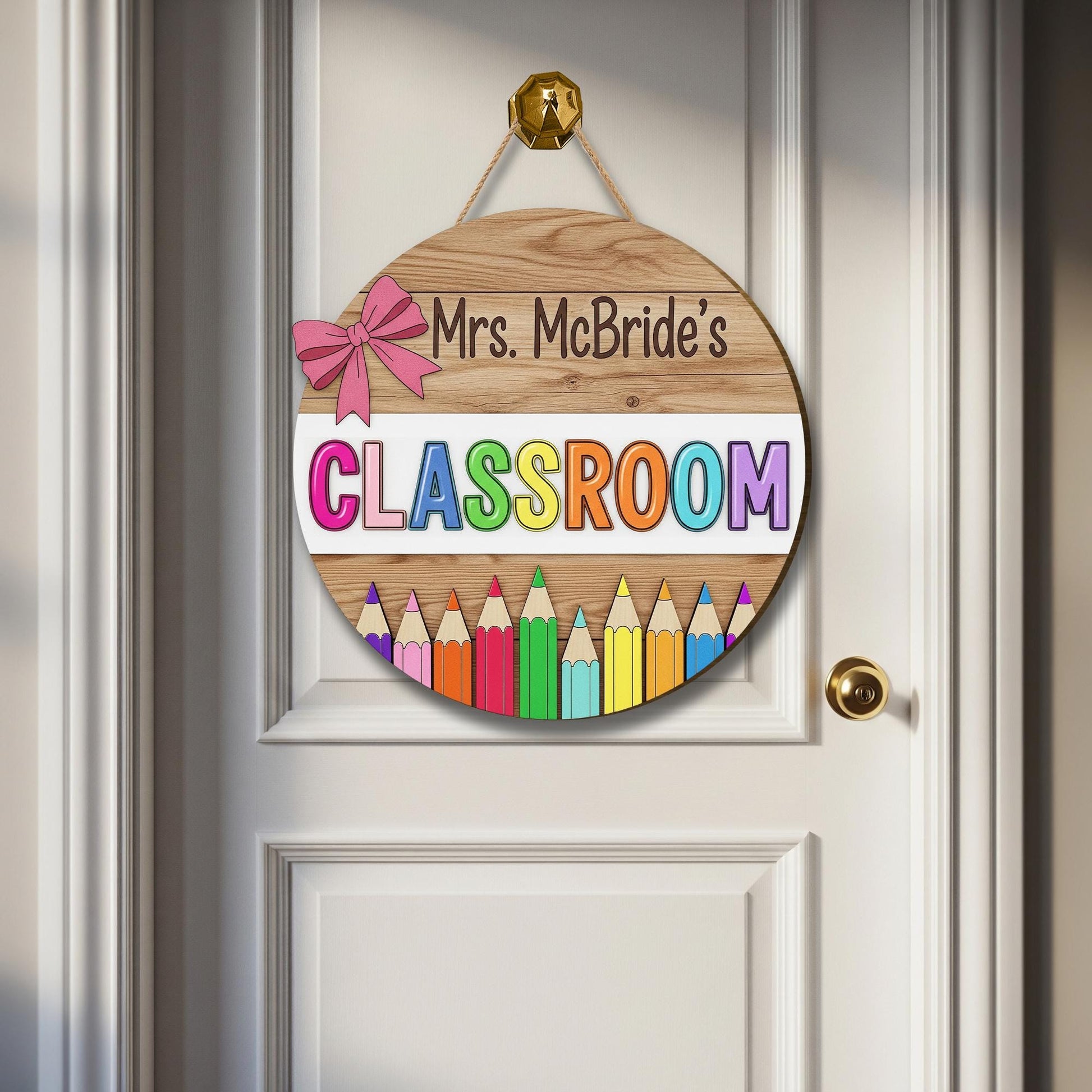 Personalized Teacher Classroom Door Sign – Wood Hanger with Rainbow Pencils & Bow – Custom Name Back to School Decor, Classroom Wall Decor