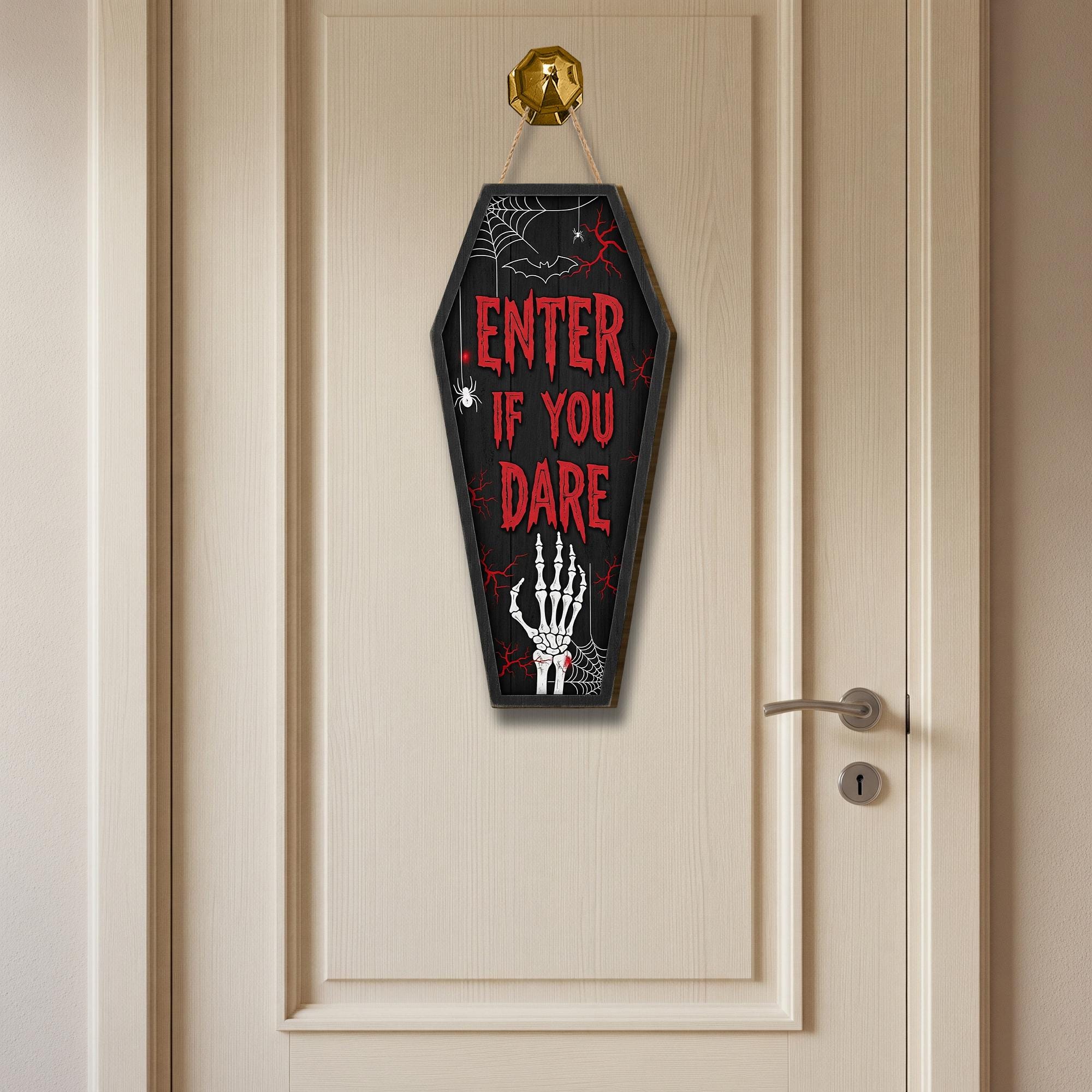 Halloween Coffin Door Sign – Enter If You Dare Skeleton Wall Hanging – Spooky Halloween Decor