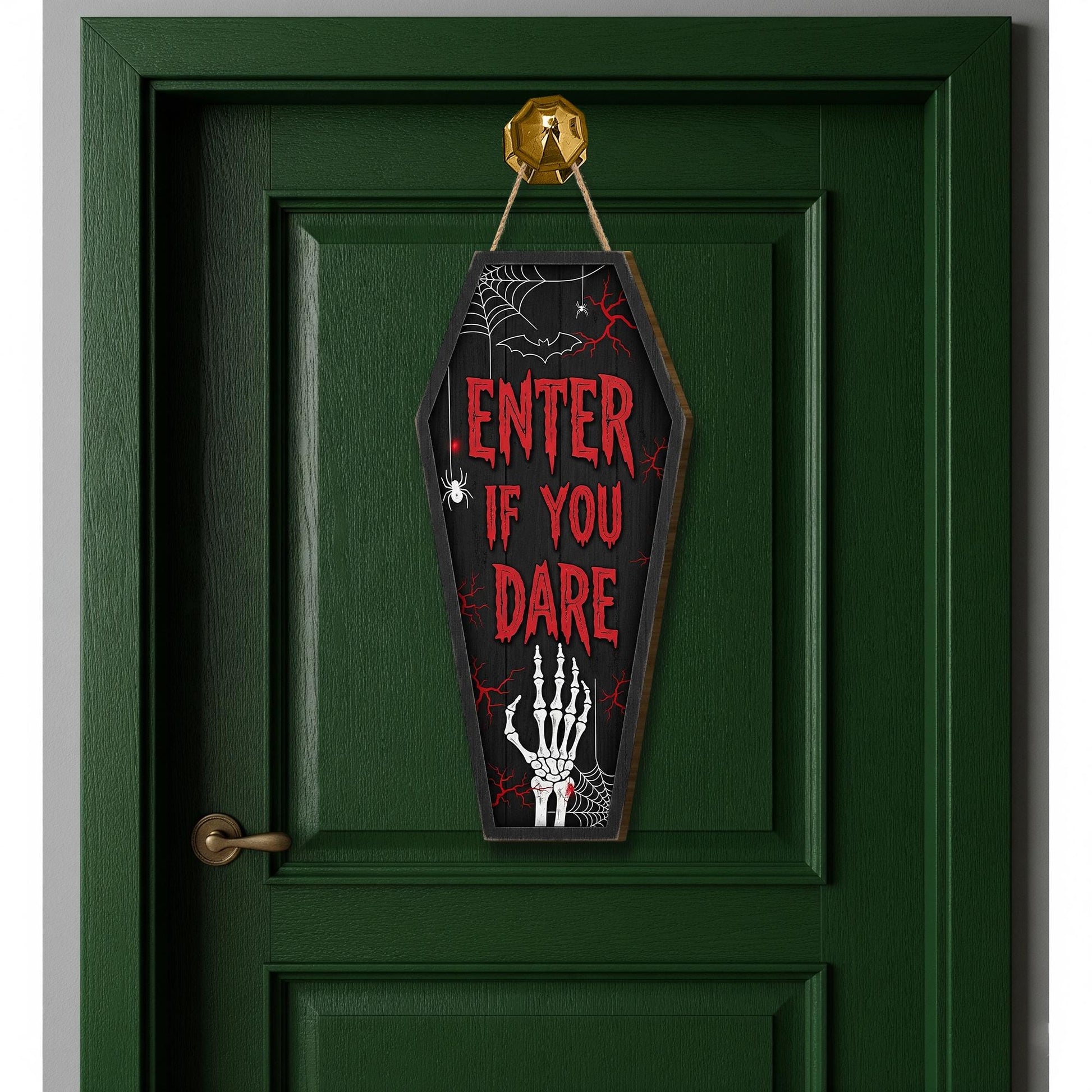 Halloween Coffin Door Sign – Enter If You Dare Skeleton Wall Hanging – Spooky Halloween Decor