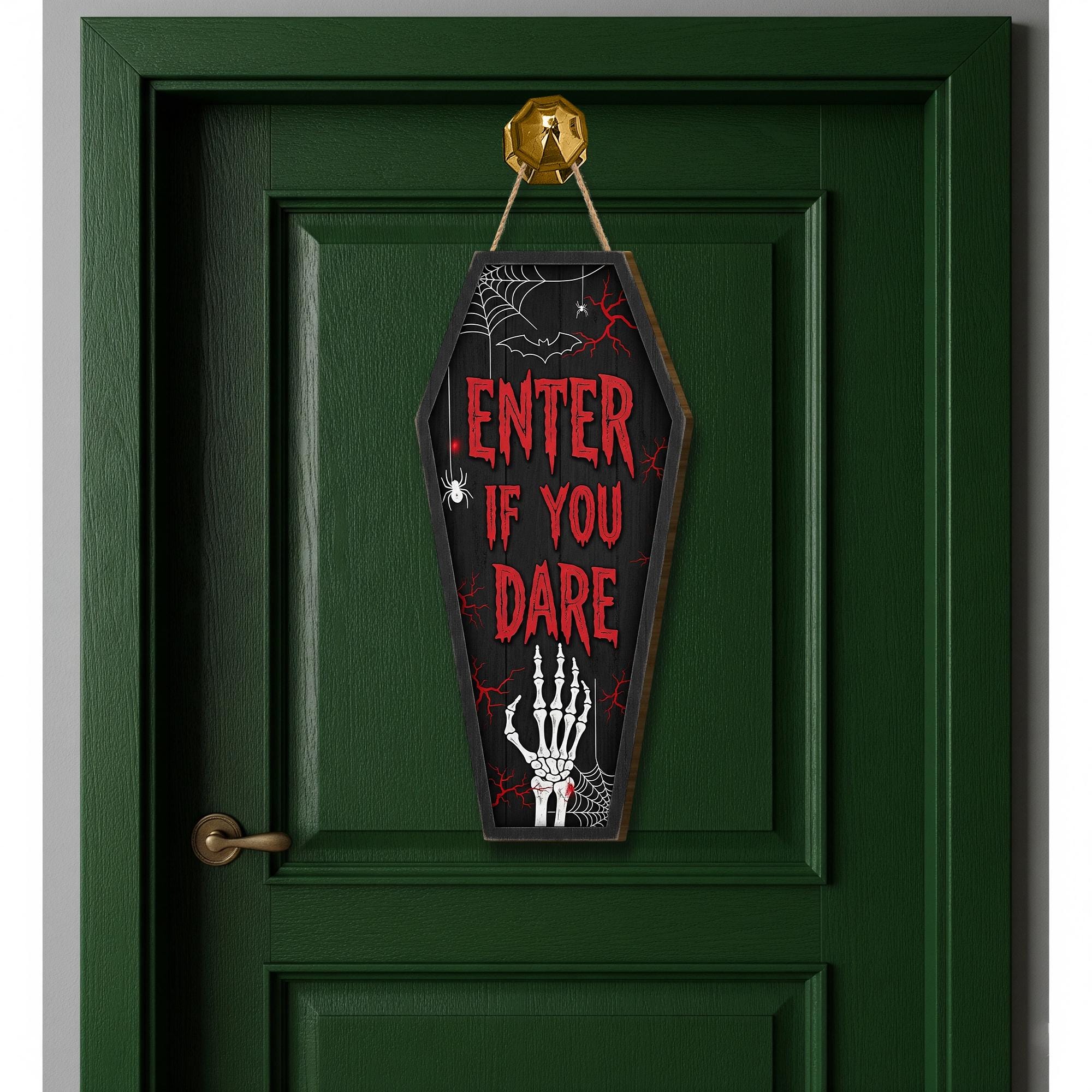 Halloween Coffin Door Sign – Enter If You Dare Skeleton Wall Hanging – Spooky Halloween Decor