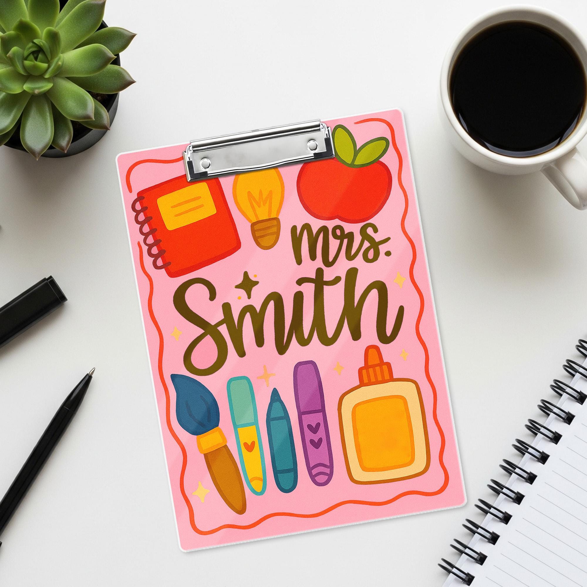 Personalized Teacher Clipboard – Custom Name with Cute School Supplies Design – Back to School Gift for Teachers, Educators, School Staffs