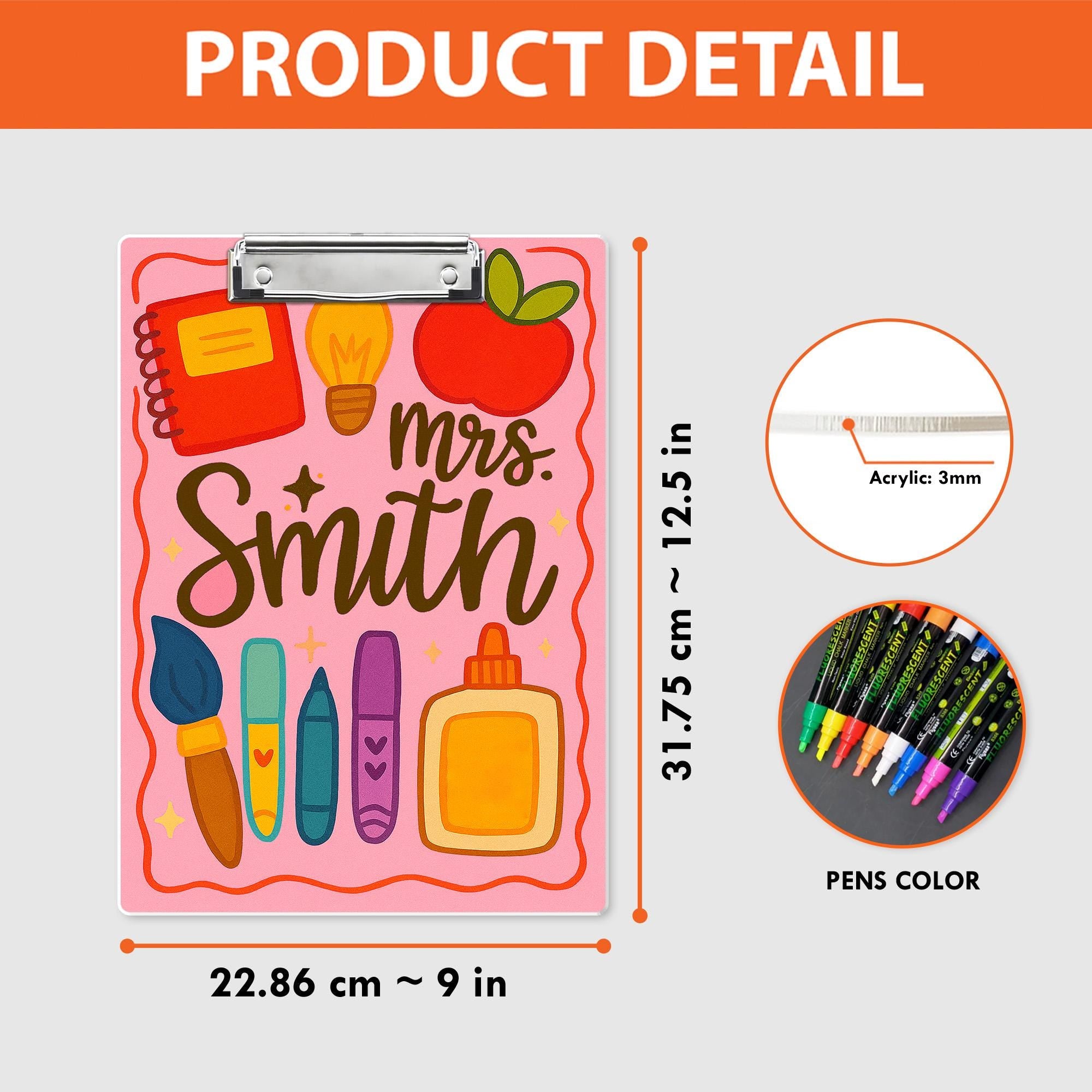 Personalized Teacher Clipboard – Custom Name with Cute School Supplies Design – Back to School Gift for Teachers, Educators, School Staffs