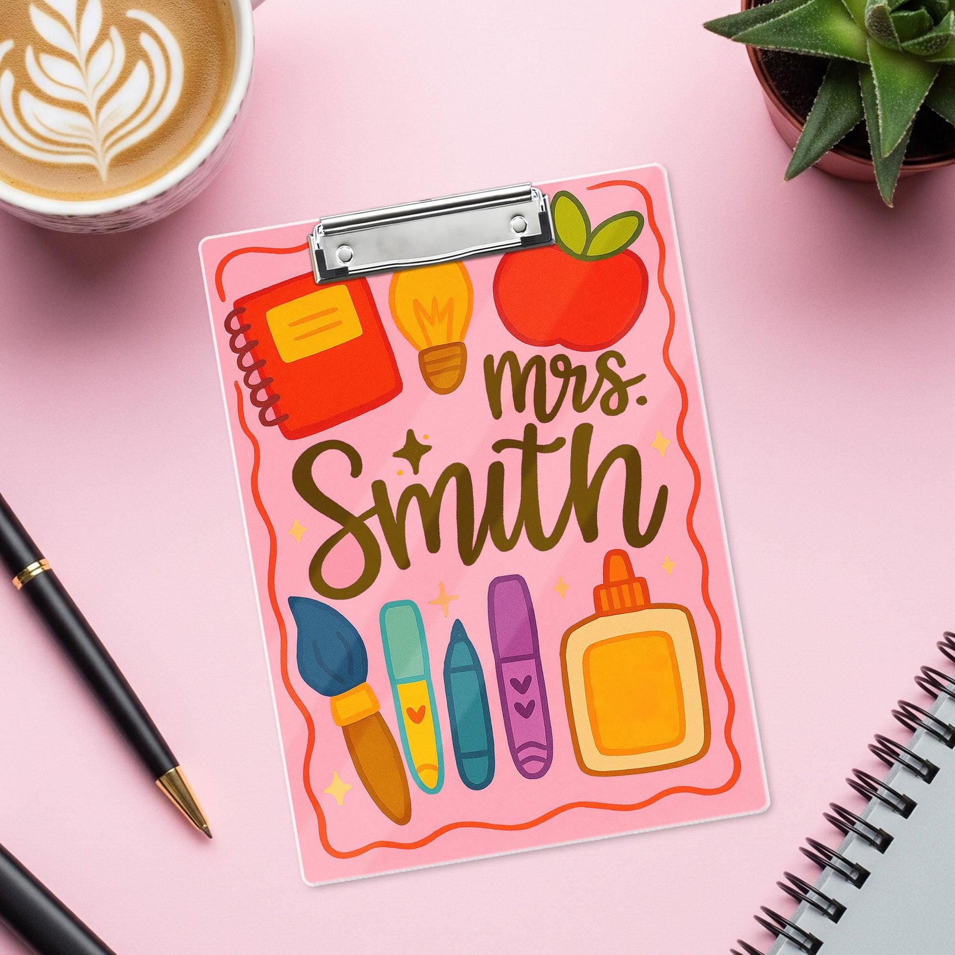 Personalized Teacher Clipboard – Custom Name with Cute School Supplies Design – Back to School Gift for Teachers, Educators, School Staffs