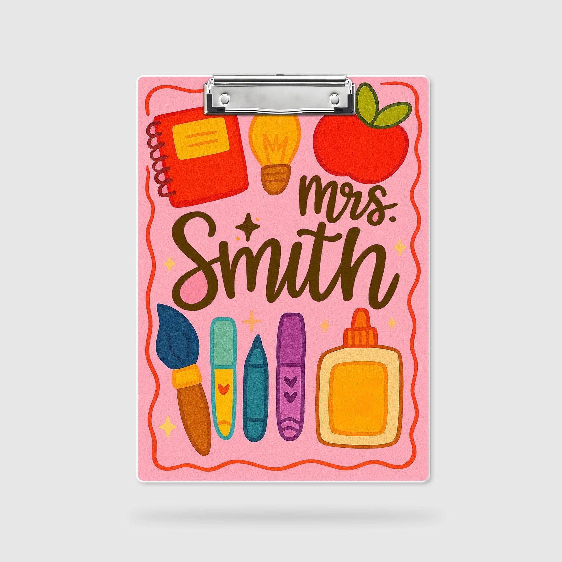 Personalized Teacher Clipboard – Custom Name with Cute School Supplies Design – Back to School Gift for Teachers, Educators, School Staffs