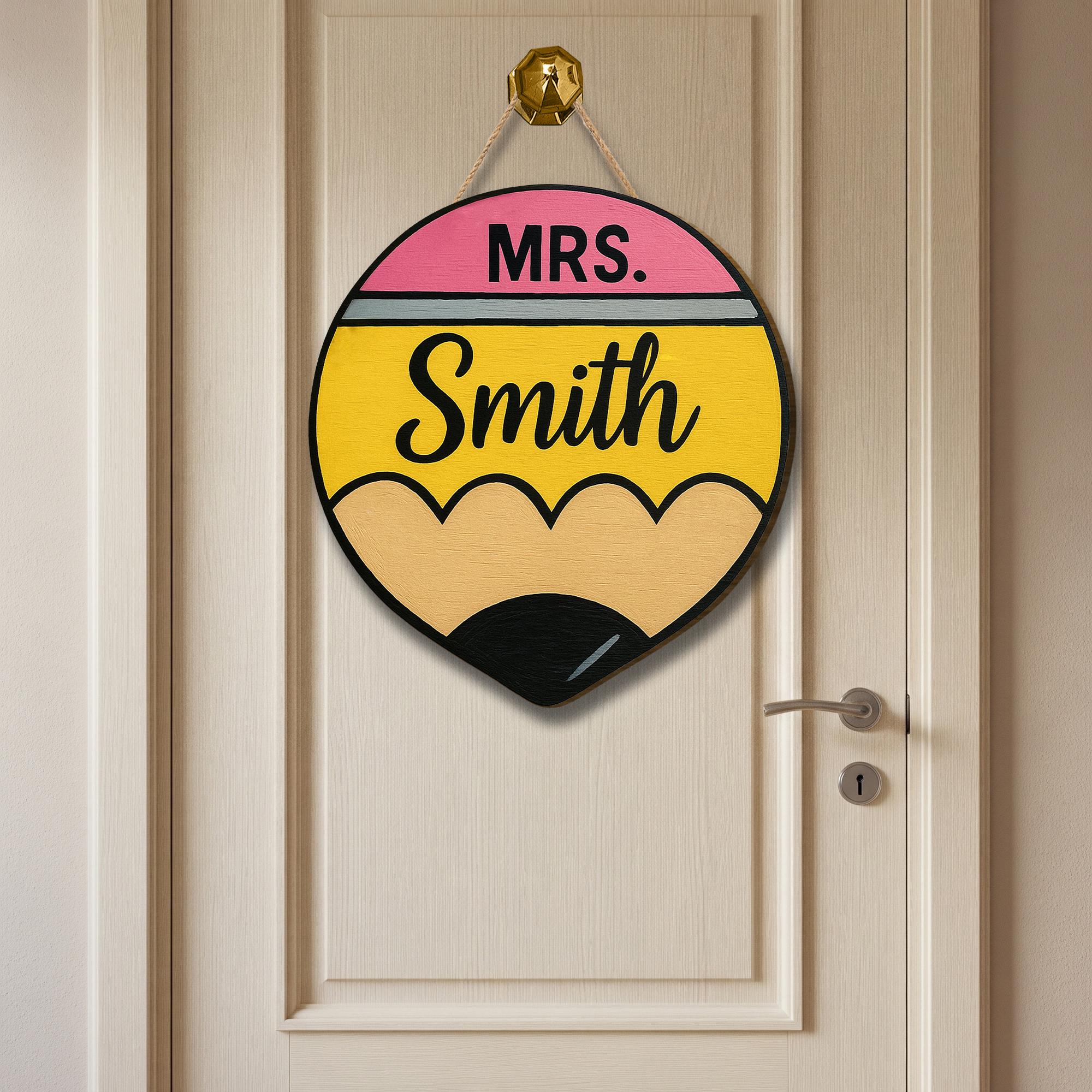 Personalized Teacher Pencil Sign, Custom Classroom Door Hanger, Back to School Gift, Teacher Name Wooden Decor, Retro Welcome Sign