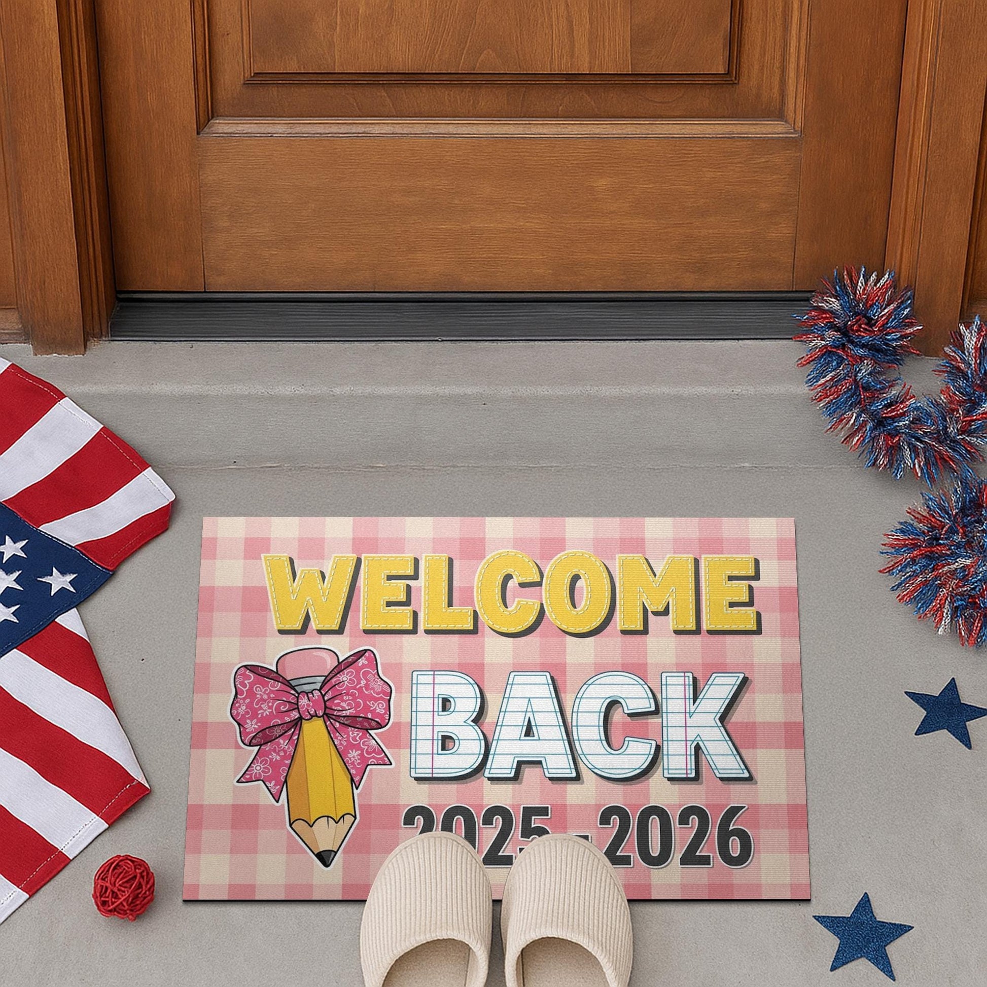 Welcome Back Doormat 2025-2026, Back to School Rug, Teacher Classroom Mat, First Day of School Decor, Gingham Pencil Door Mat