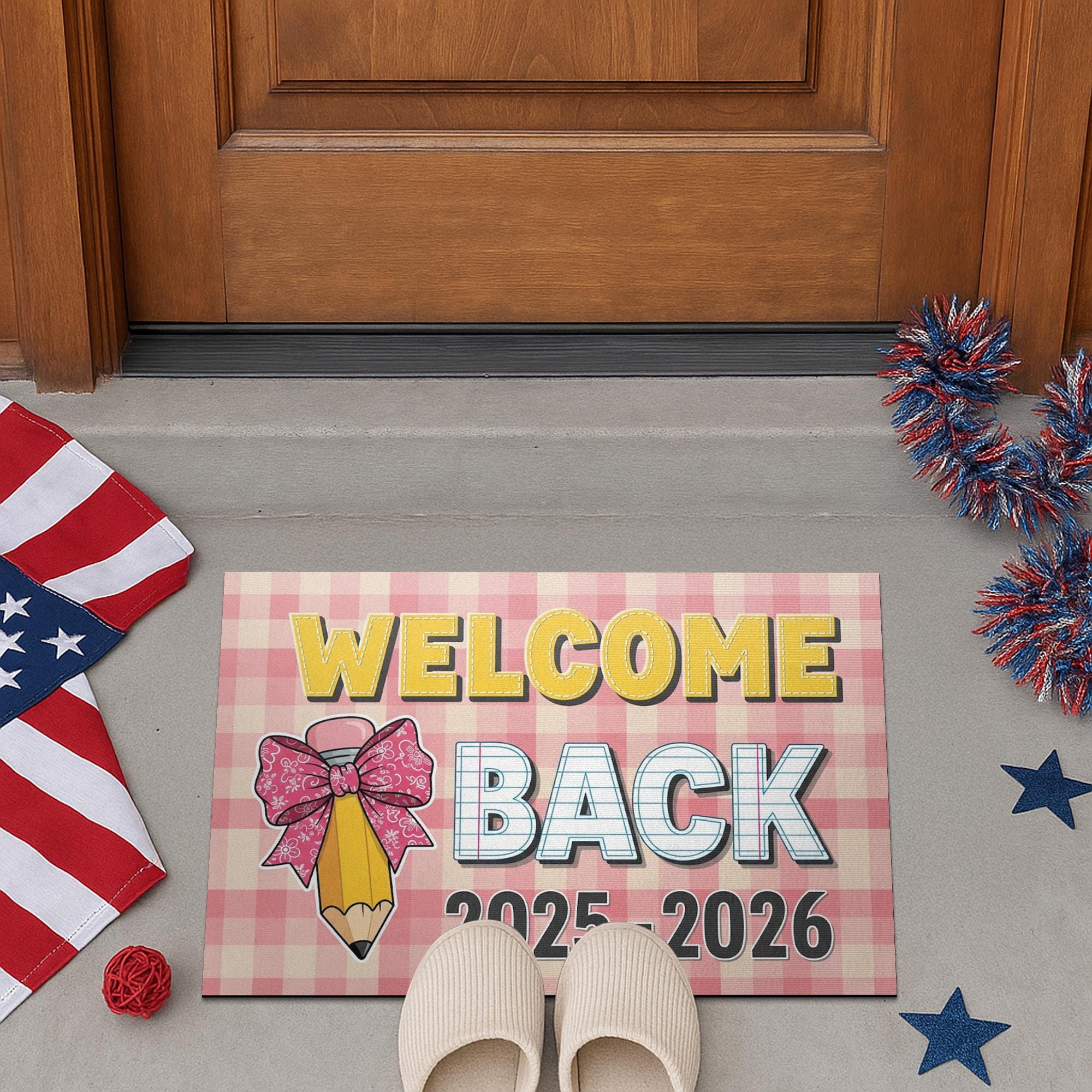 Welcome Back Doormat 2025-2026, Back to School Rug, Teacher Classroom Mat, First Day of School Decor, Gingham Pencil Door Mat