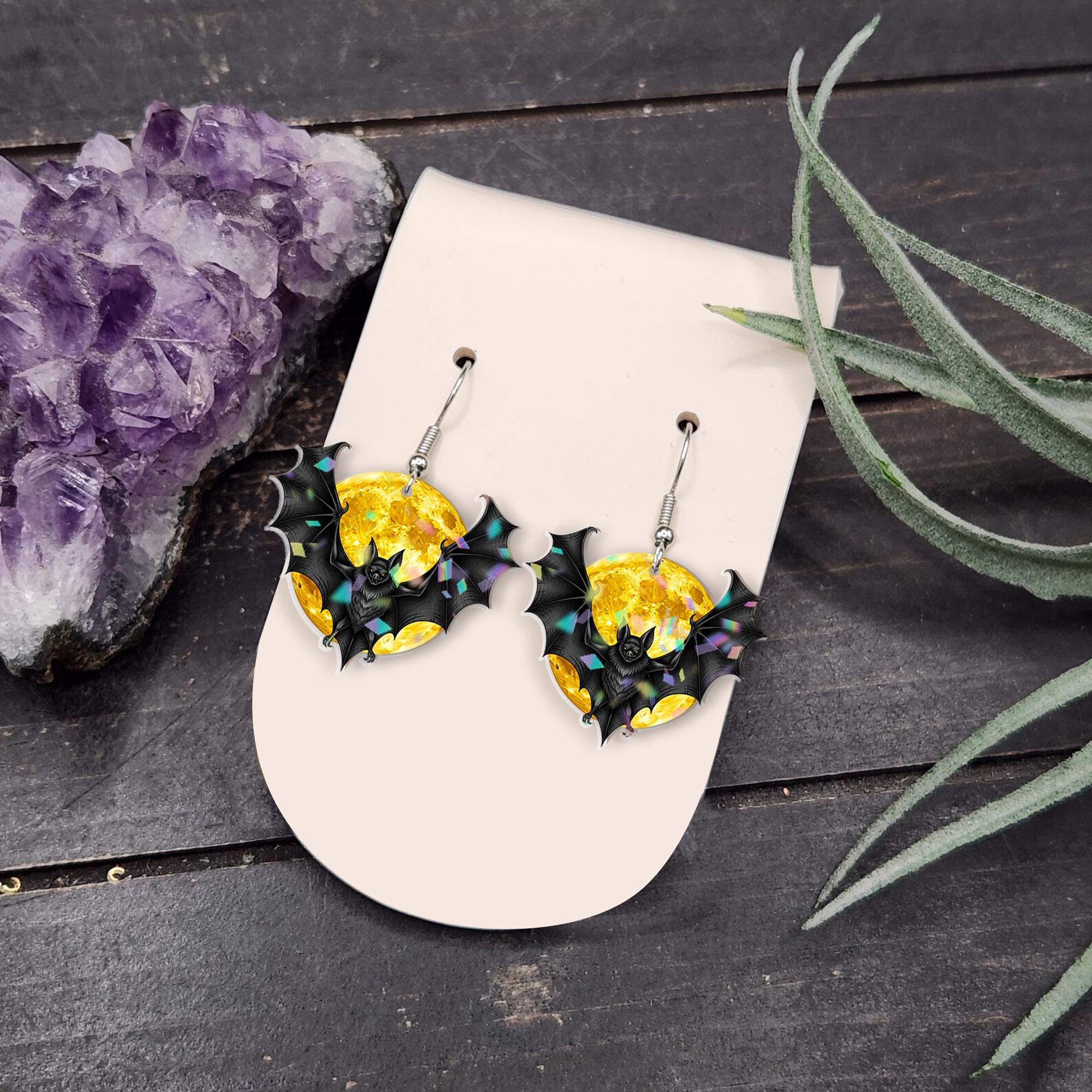 Halloween Bat Earrings – Full Moon Drop Earrings – Gothic Spooky Jewelry for Women