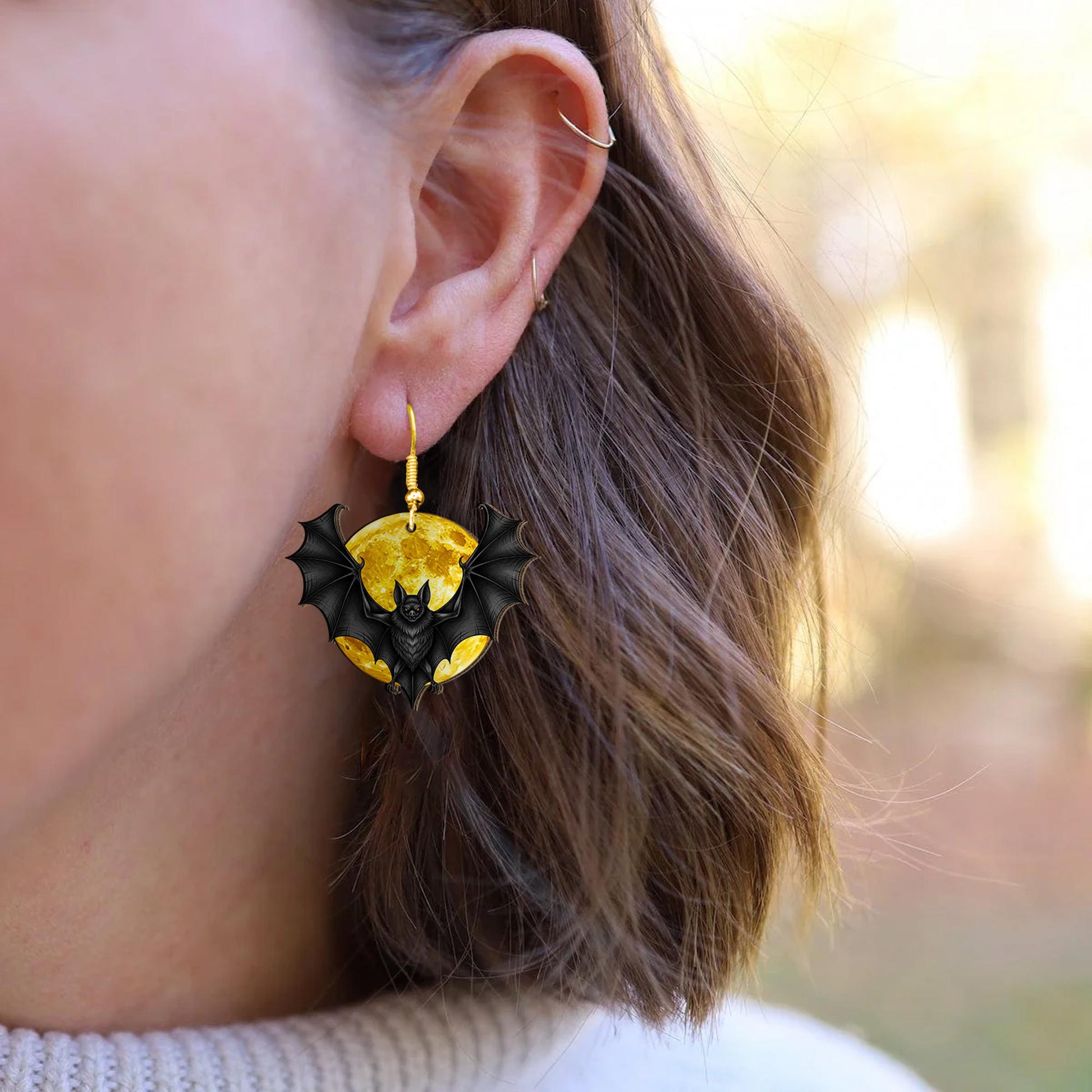 Halloween Bat Earrings – Full Moon Drop Earrings – Gothic Spooky Jewelry for Women