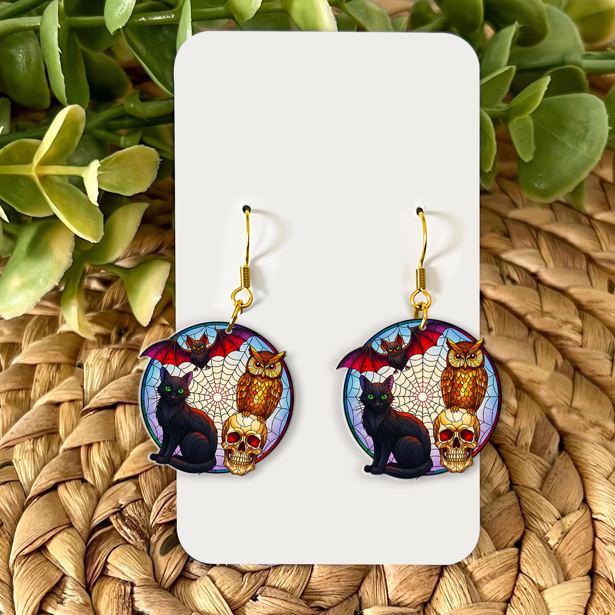 Halloween Cat Skull Earrings – Bat Owl Spider Web Dangle Earrings – Spooky Witch Jewelry