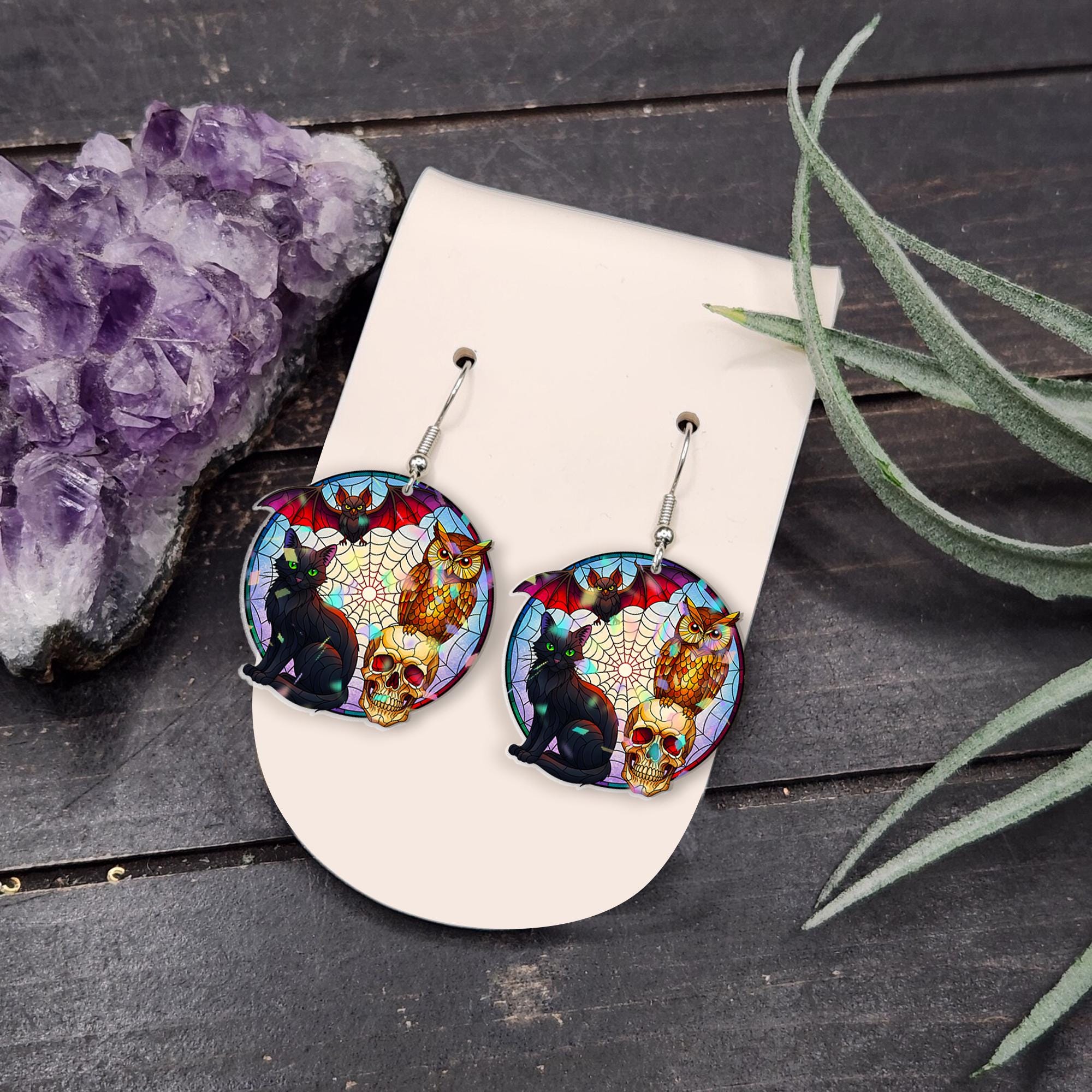 Halloween Cat Skull Earrings – Bat Owl Spider Web Dangle Earrings – Spooky Witch Jewelry